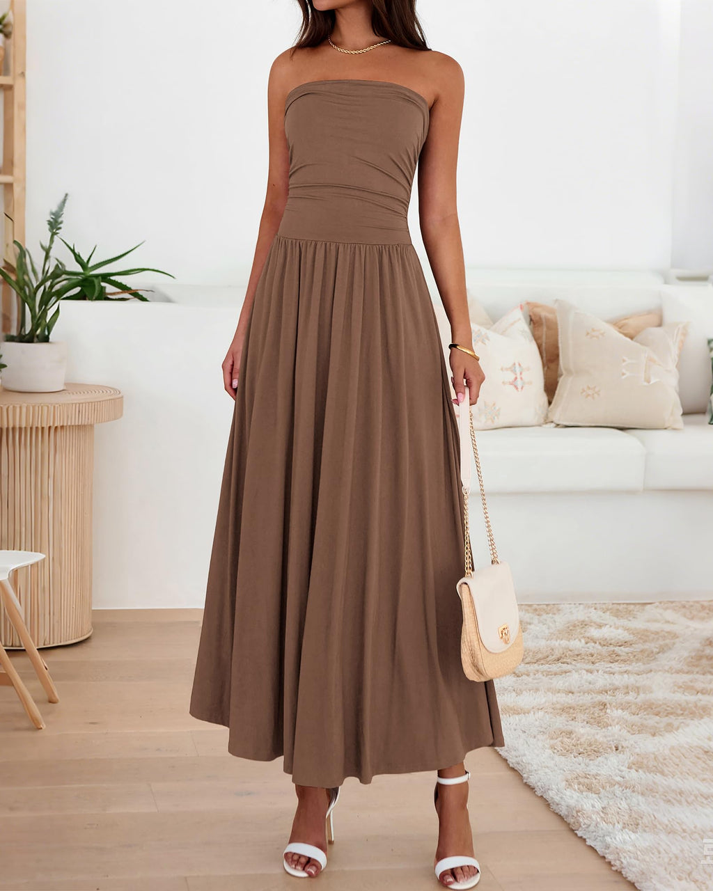 BTFBM Summer Maxi Dresses for Women Strapless Ruched Tube Top Beach Vacation Spring Wedding Guest Dress Pockets