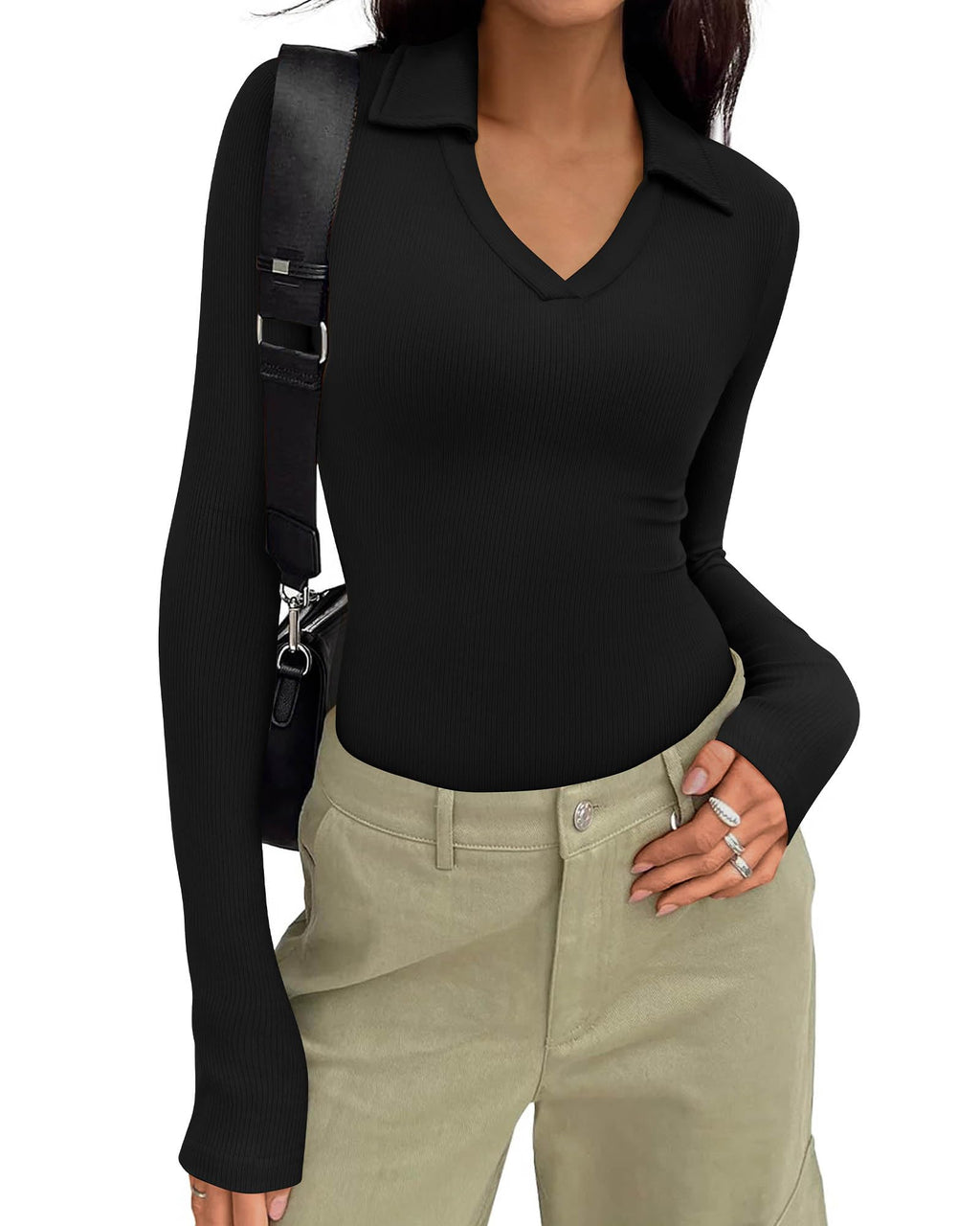 FreshPretty Polo Shirts for Women Long Sleeve Business Casual Tops Spring Fall Ribbed Knit Collared V Neck Slim Work Blouses