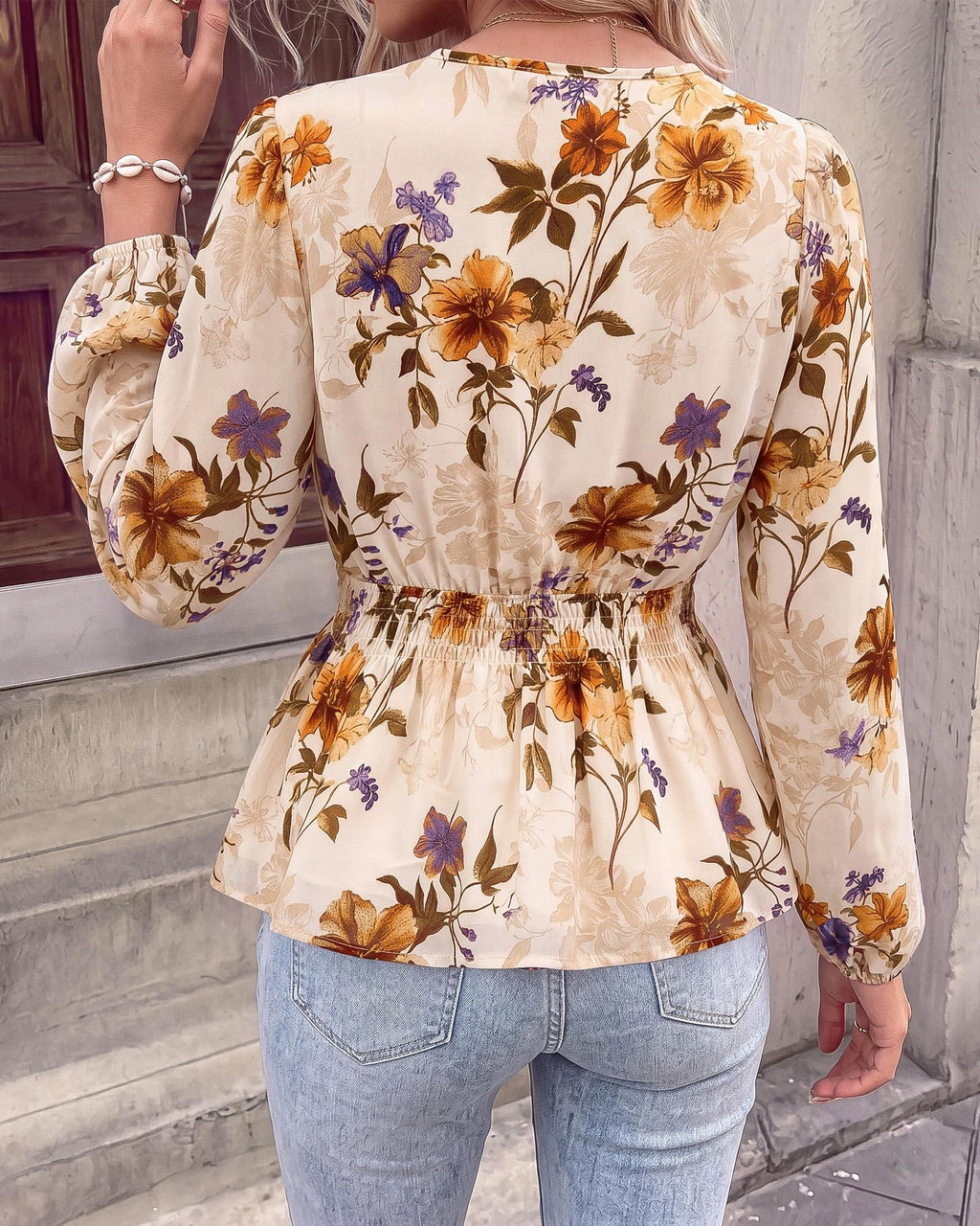 BTFBM Womens Tops Dressy Casual Floral V Neck Long Sleeve Chiffon Shirts | Chiffon Lantern Sleeve Flowy Peplum Sheer Top,Elastic Waist Babydoll Blouses,Boho Vacation Outfits,Fall Fashion Clothing