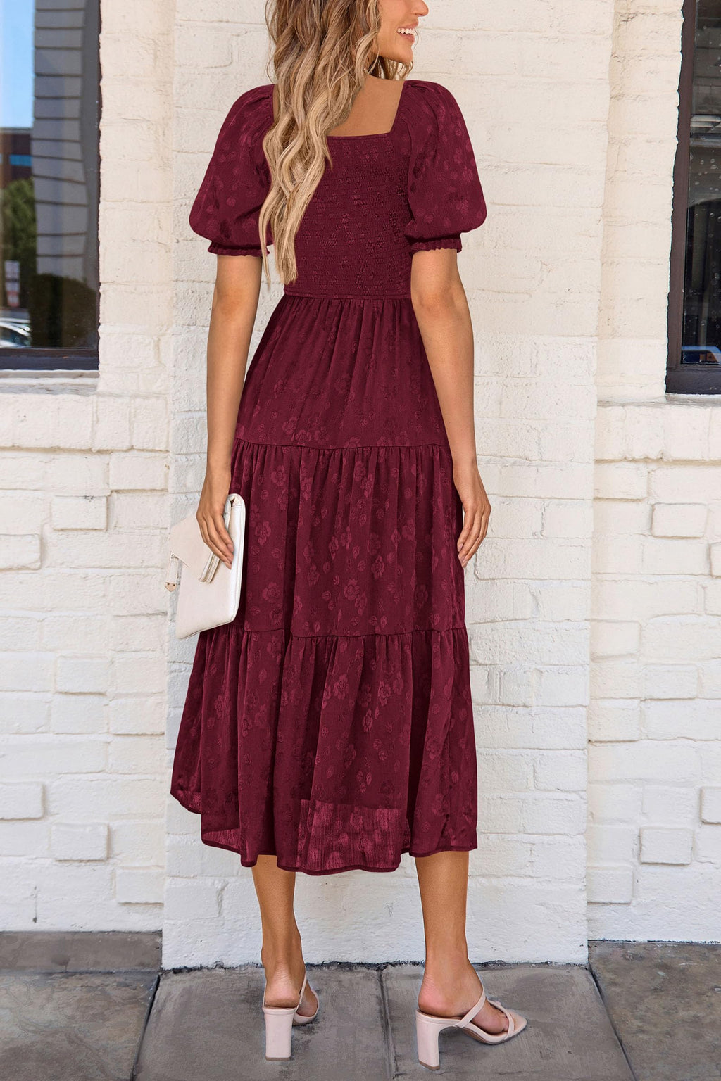 PRETTYGARDEN Women's Summer Casual Midi Dresses Square Neck Short Sleeve Smocked A Line Floral Flowy Elegant Boho Dress