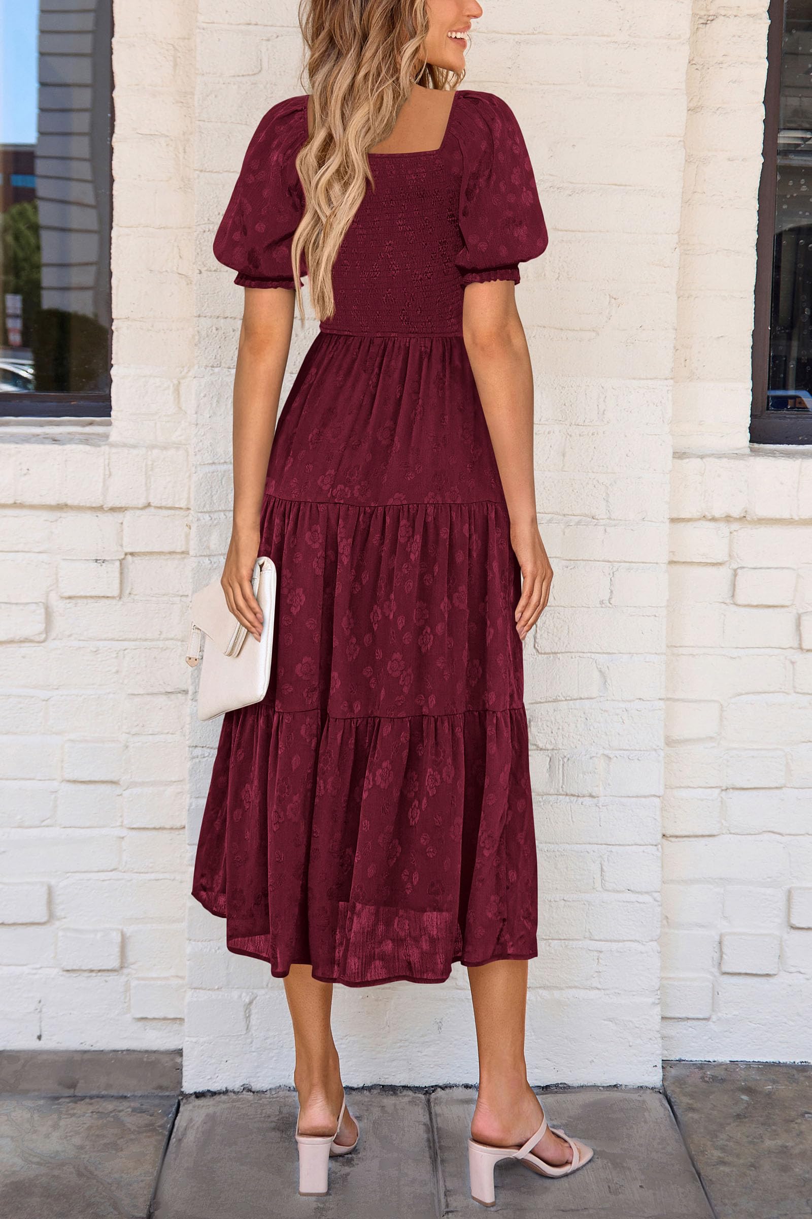PRETTYGARDEN Women's Summer Casual Midi Dresses Square Neck Short Sleeve Smocked A Line Floral Flowy Elegant Boho Dress