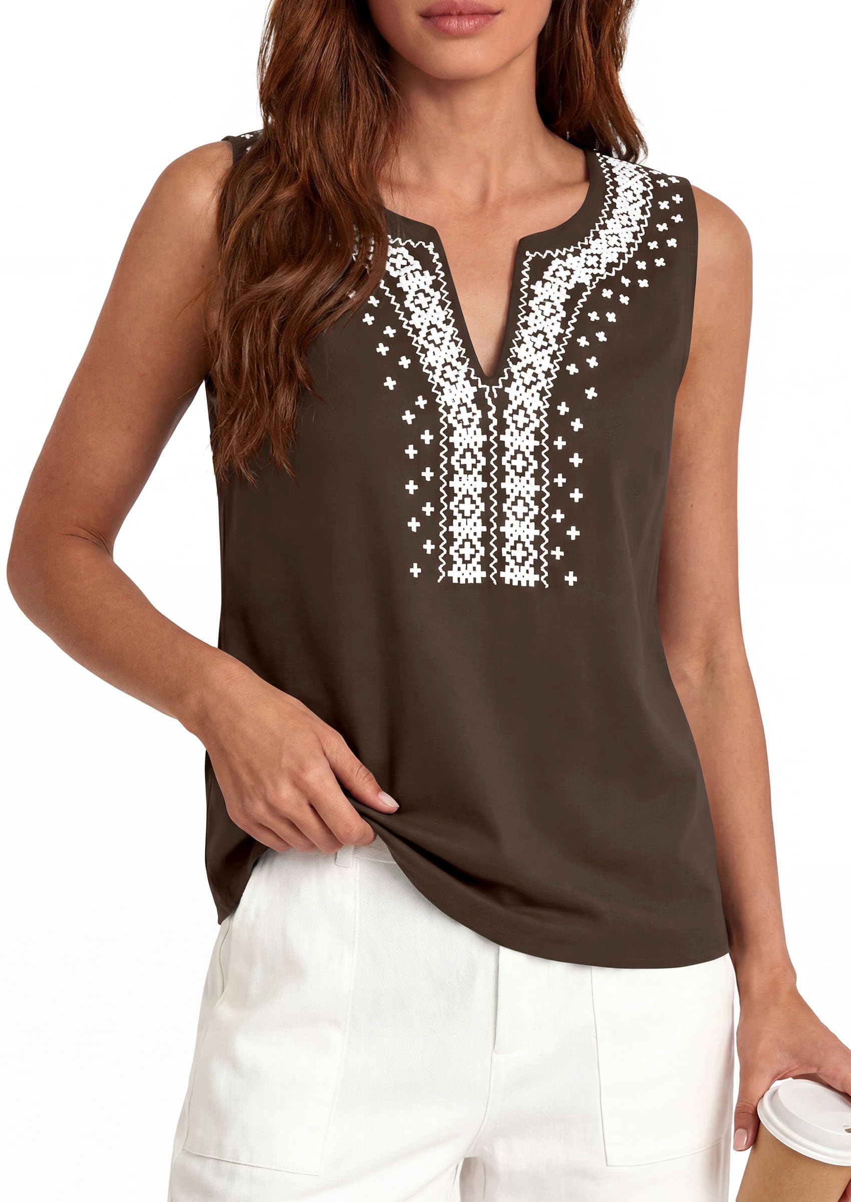 PRETTYGARDEN Womens Tank Tops Summer Causal V Neck Sleeveless Shirts Floral Print Embroidered Beach Vacation Boho Top