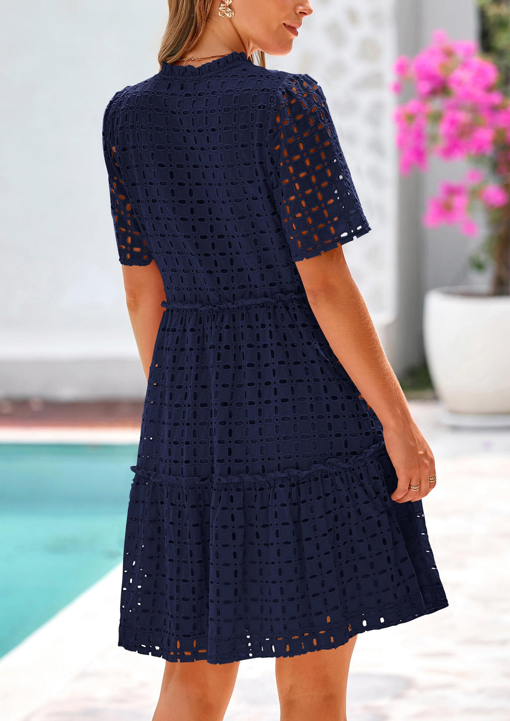 PRETTYGARDEN Eyelet Dresses for Women Summer Short Sleeve V Neck Hollow Out Ruffle A Line Boho Beach Vacation Mini Dress