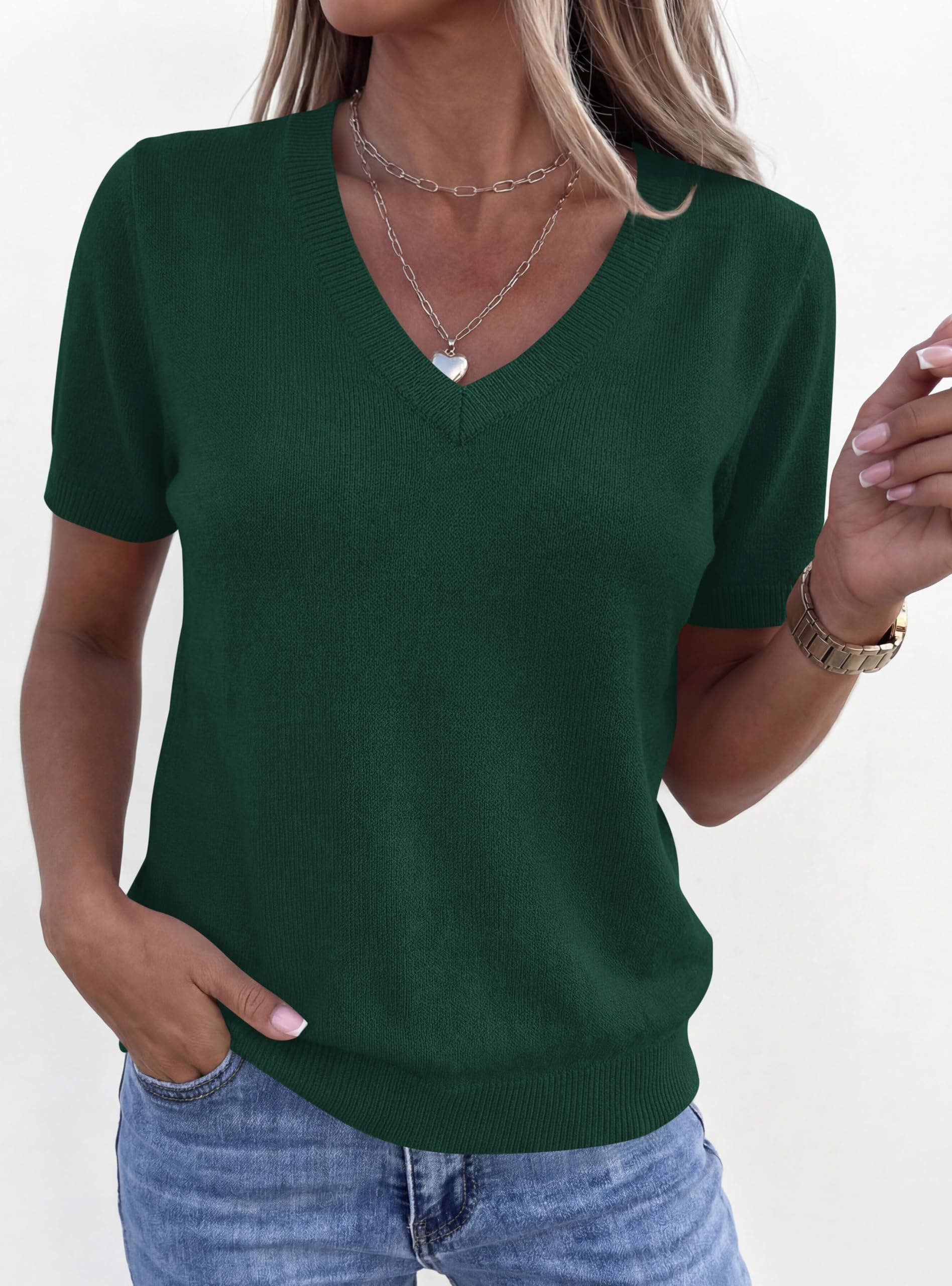 PRETTYGARDEN Womens Short Sleeve Sweater V Neck Trendy Pullover Tops Summer Spring Loose Lightweight Casual Blouse