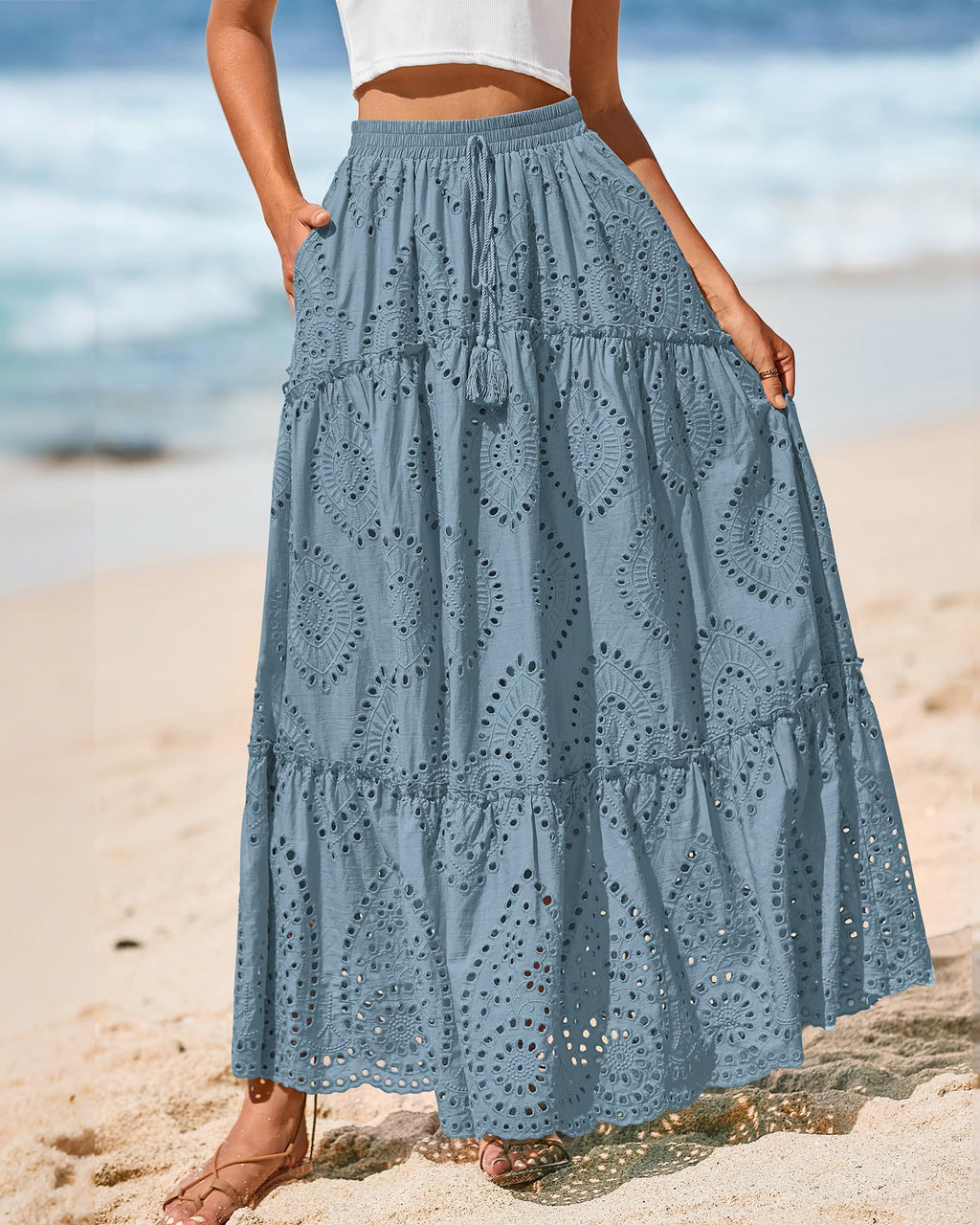 BTFBM Long Skirts for Women Summer Boho Lace Embroidery High Waist Flowy Tiered Spring Maxi Skirt Beach Vacation