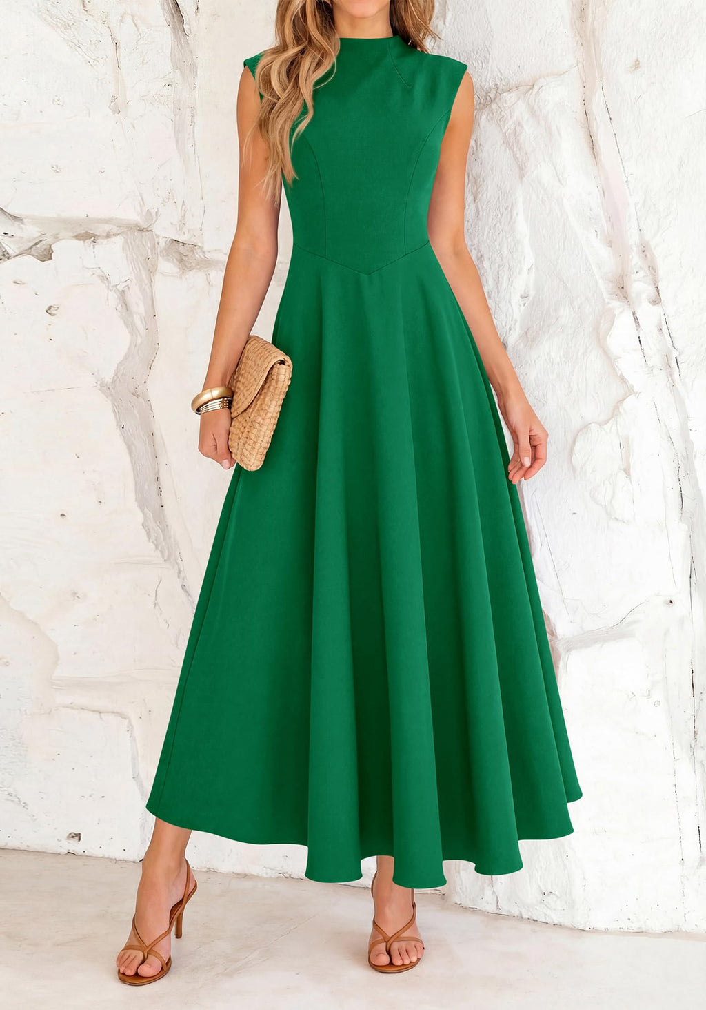 BTFBM Summer Dresses for Women Mock Neck Sleeveless High Waist Flowy Aline Maxi Spring Wedding Guest Dress Cocktail