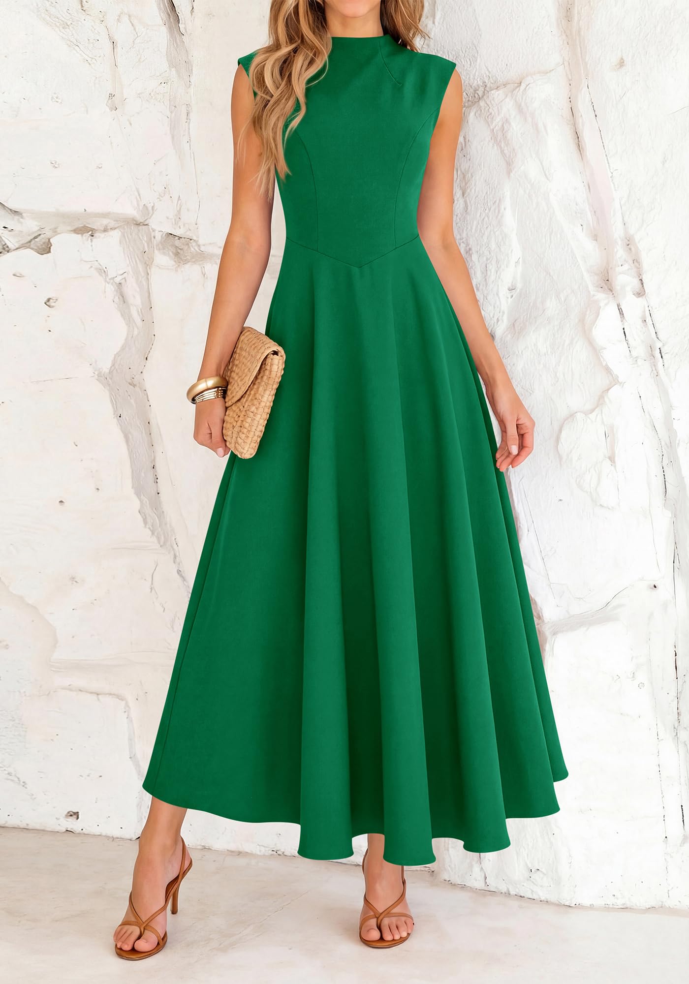 BTFBM Summer Dresses for Women Mock Neck Sleeveless High Waist Flowy Aline Maxi Spring Wedding Guest Dress Cocktail