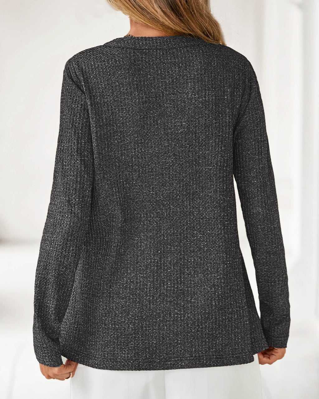 FreshPretty Waffle Knit Tops V Neck Long Sleeve Blouses for Women Dressy Casual Henley Work Shirts Spring Fall Clothes