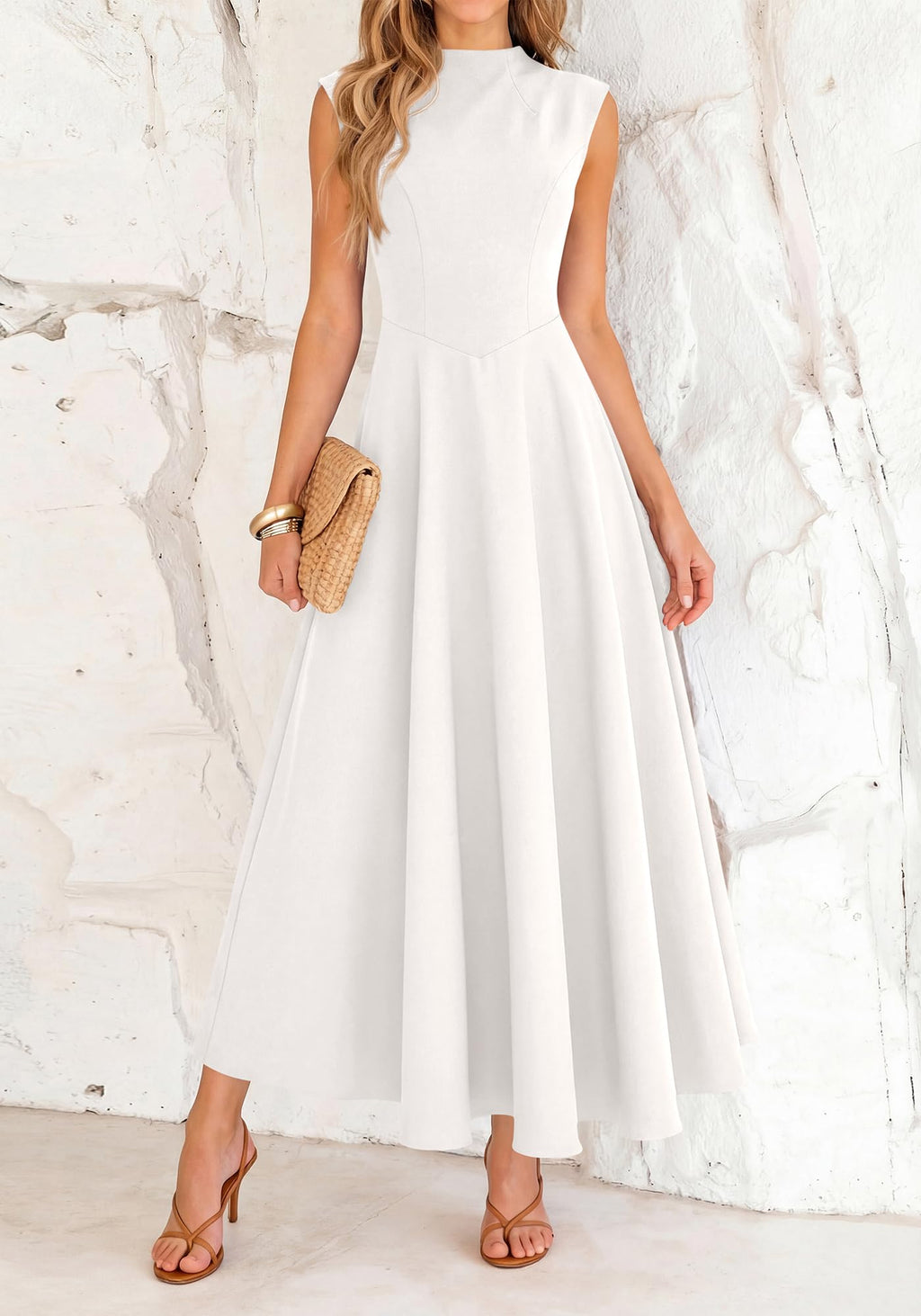 BTFBM Summer Dresses for Women Mock Neck Sleeveless High Waist Flowy Aline Maxi Spring Wedding Guest Dress Cocktail