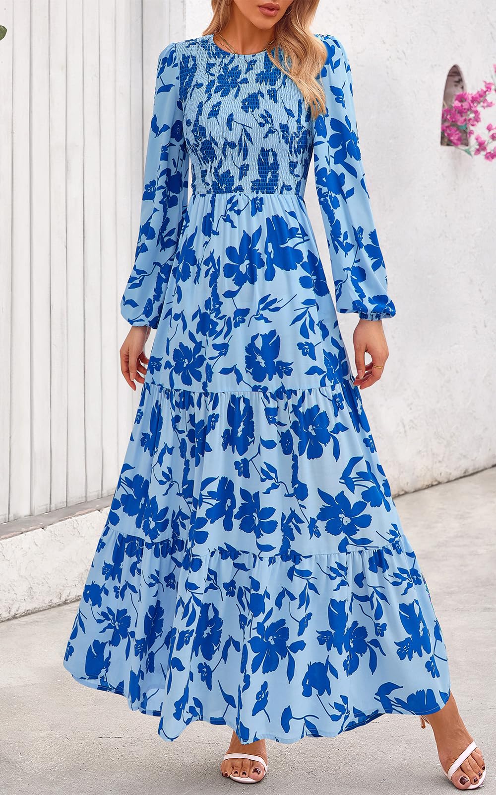 PRETTYGARDEN Women's Fall Dresses Long Sleeve Flowy Casual Floral Maxi Dress Crew Neck Smocked Tiered Long Dress