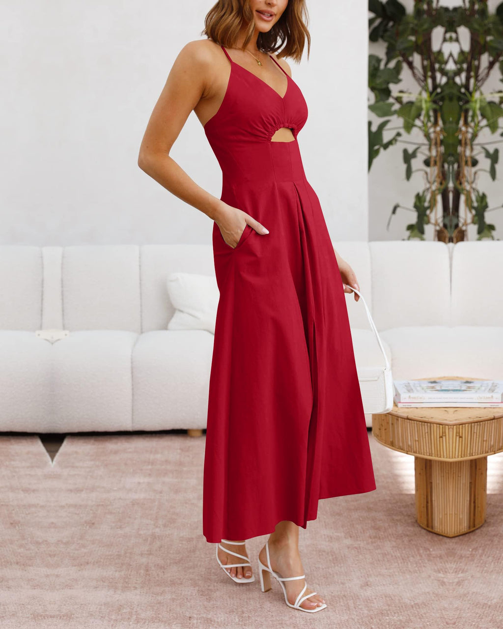 BTFBM Women Spaghetti Strap Midi Summer Dresses Sleeveless V Neck Cutout Slit Casual Beach Party Maxi Dress Pockets