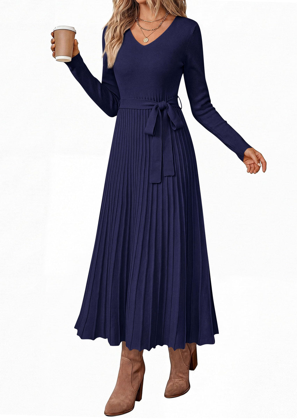 PRETTYGARDEN Womens Fall Maxi Long Sleeve Sweater Dress Soft Stretchy Knit, V Neck A Line Dresses with Bow, Flowy Pleated Hem, Cocktail Party Outfits, Trendy Winter Clothes