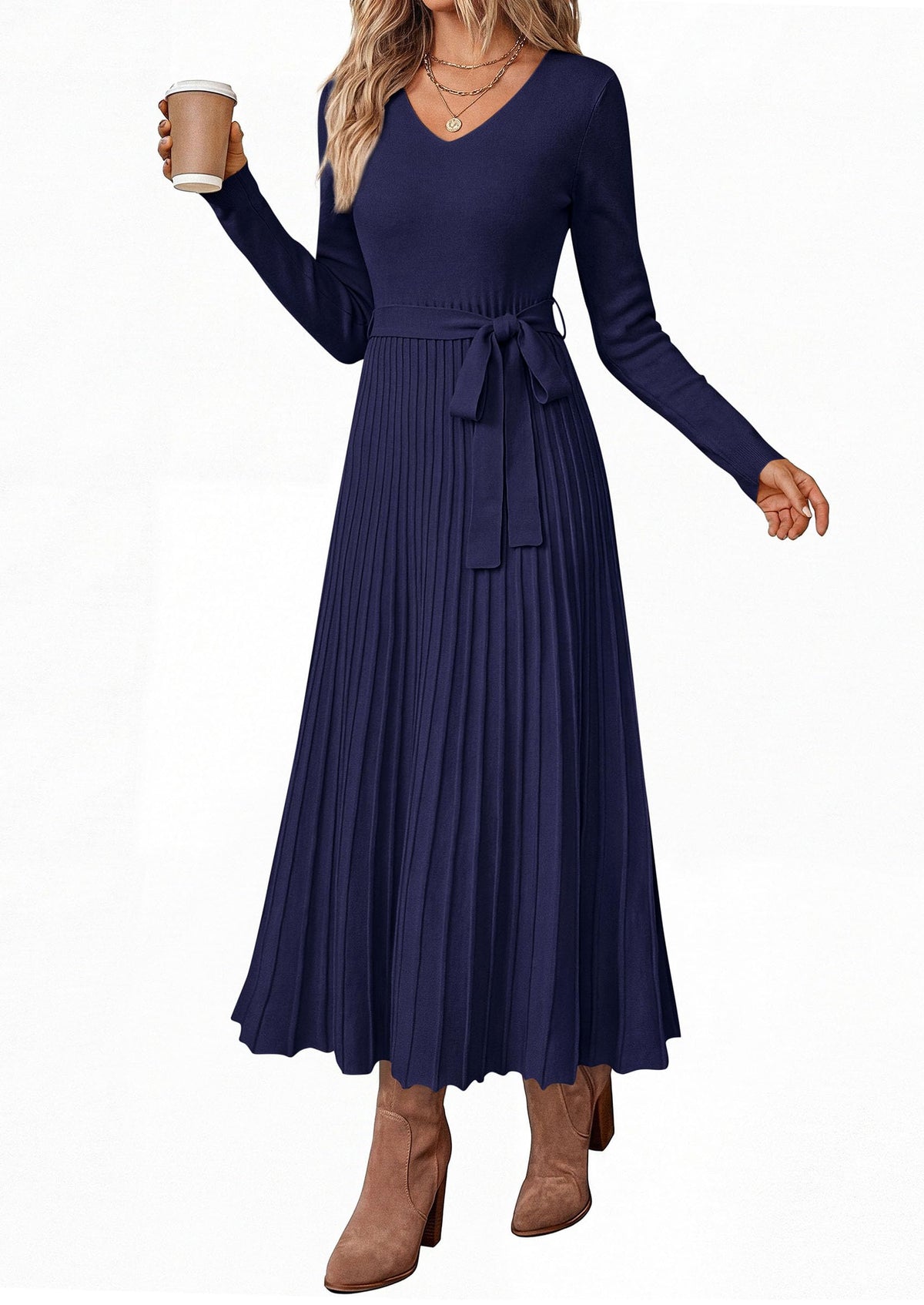 PRETTYGARDEN Womens Fall Maxi Long Sleeve Sweater Dress Soft Stretchy Knit, V Neck A Line Dresses with Bow, Flowy Pleated Hem, Cocktail Party Outfits, Trendy Winter Clothes