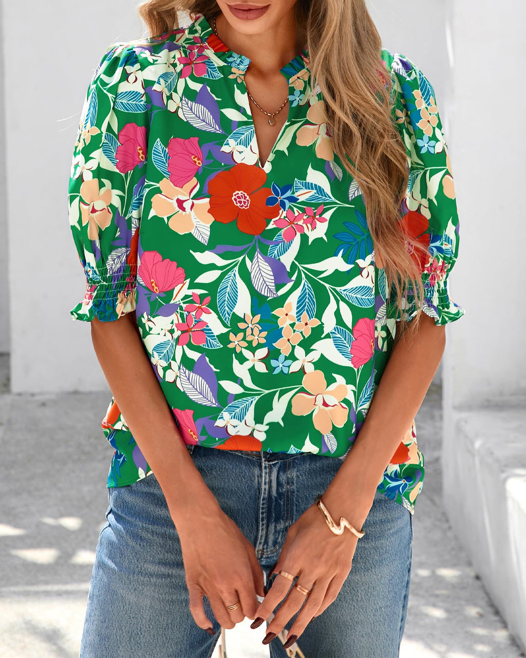 FreshPretty Summer Blouses for Women Dressy Casual  Fashion Spring Tops Floral Boho V Neck Puff Short Sleeve Top Shirts