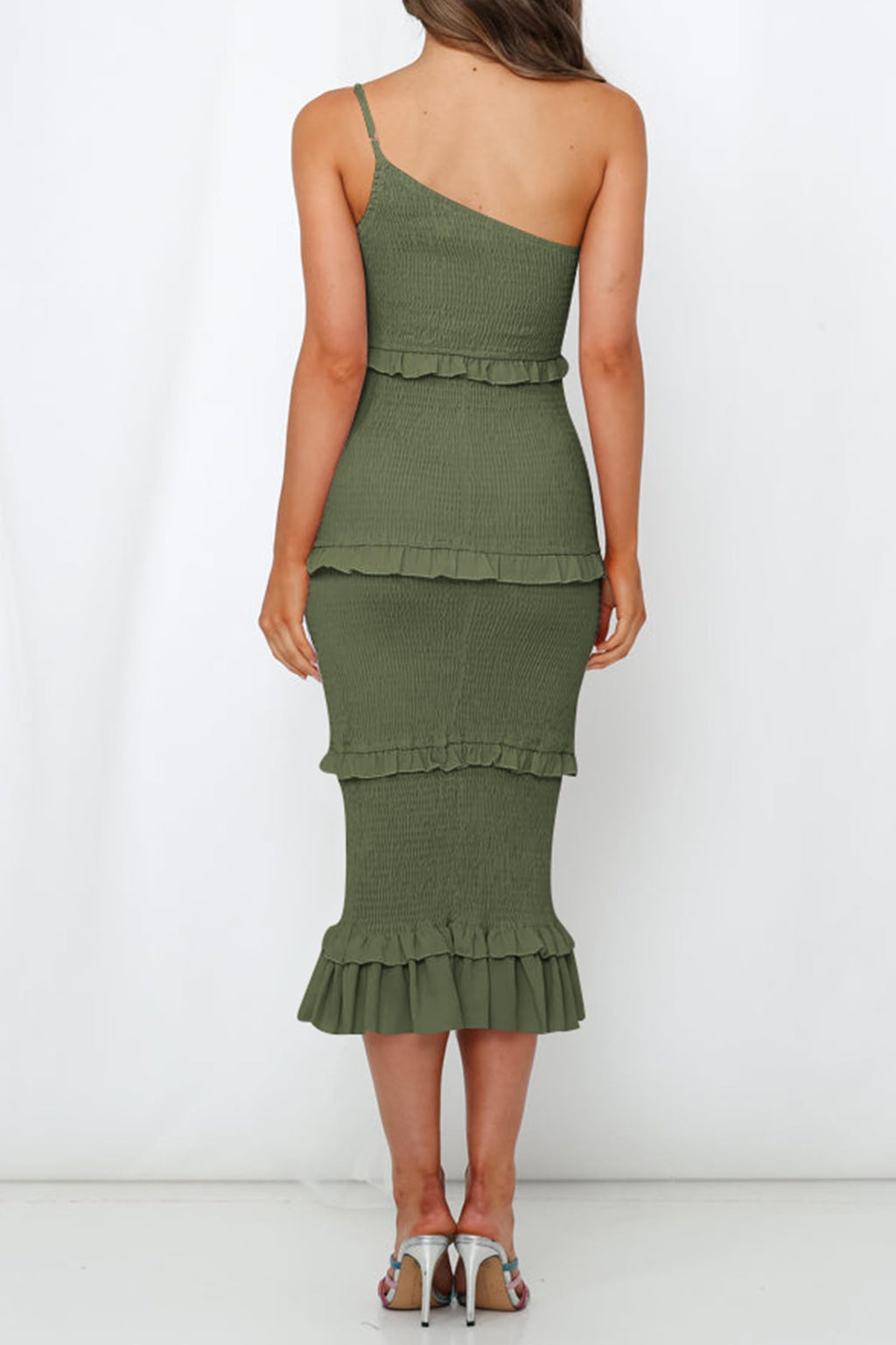 PRETTYGARDEN Women's Summer Midi Bodycon Dresses One Shoulder Strappy Tiered Ruffle Floral Boho Sun Dress