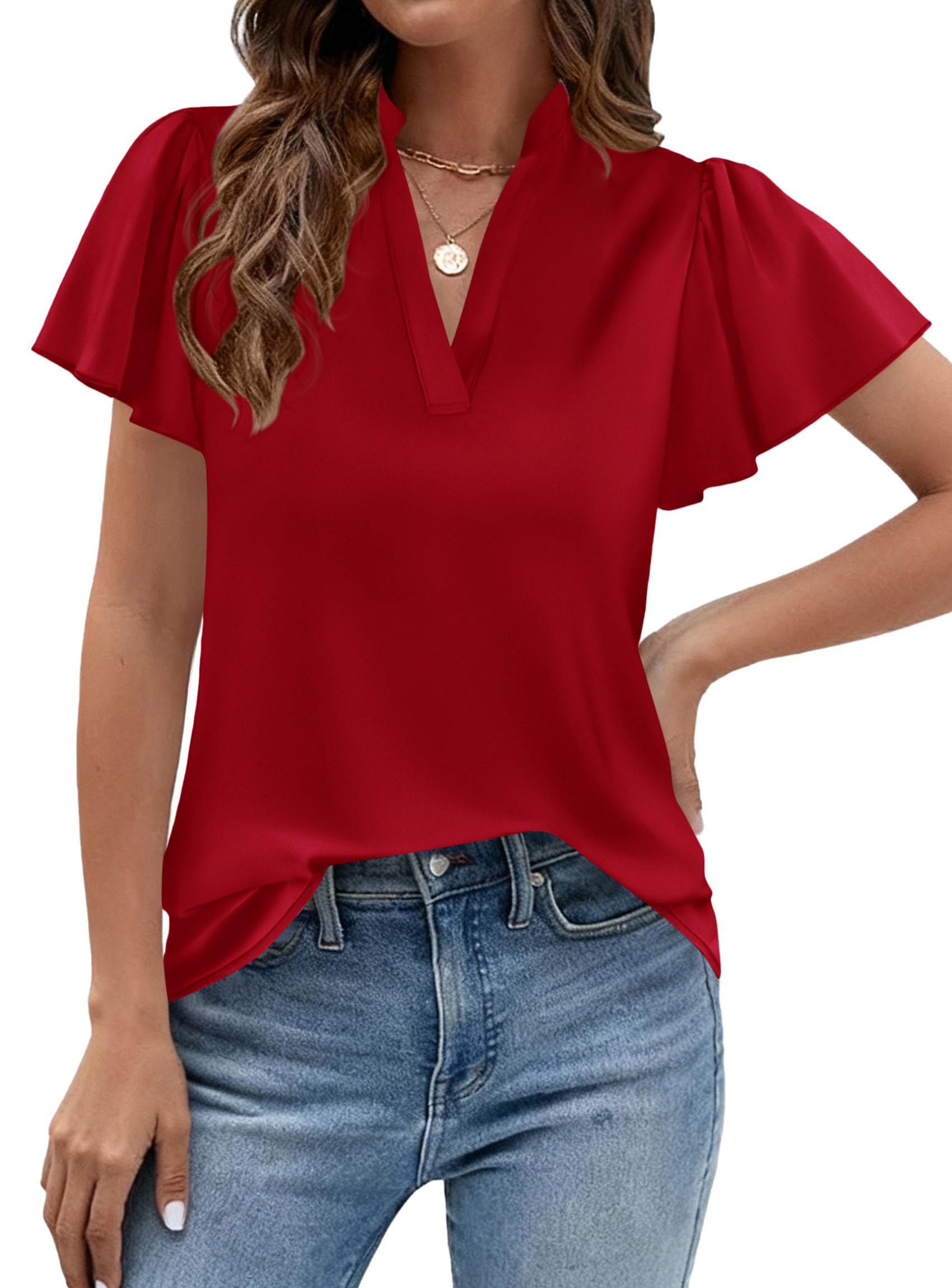 PRETTYGARDEN Women's Summer Satin Blouses Dressy Casual Ruffle Cap Sleeve V Neck Business Work Cute Tops Spring Outfits