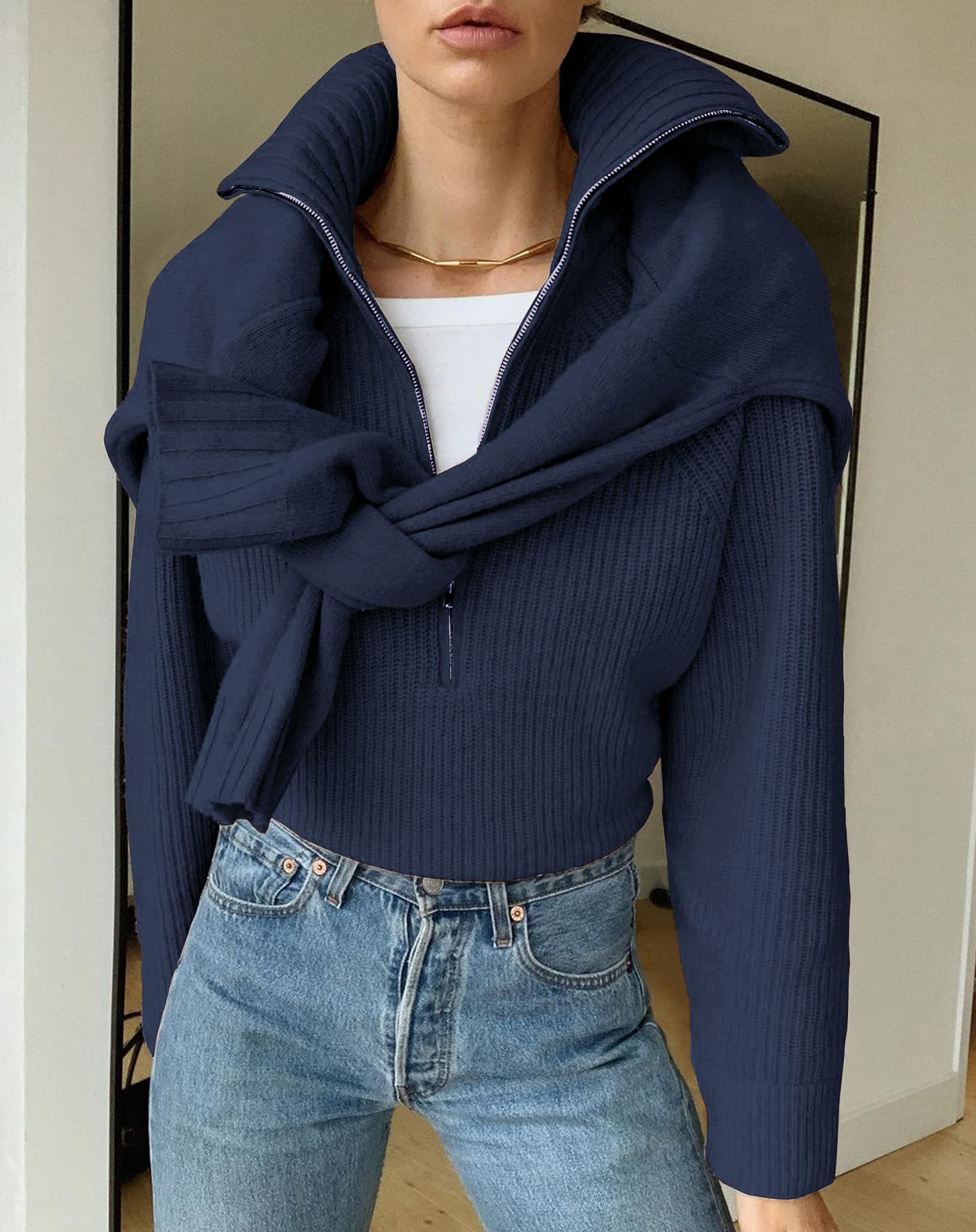 FreshPretty Womens Sweaters Quarter Zip Pullover V Neck Collar Long Sleeve Ribbed Knit Loose Casual Winter Fall Sweater