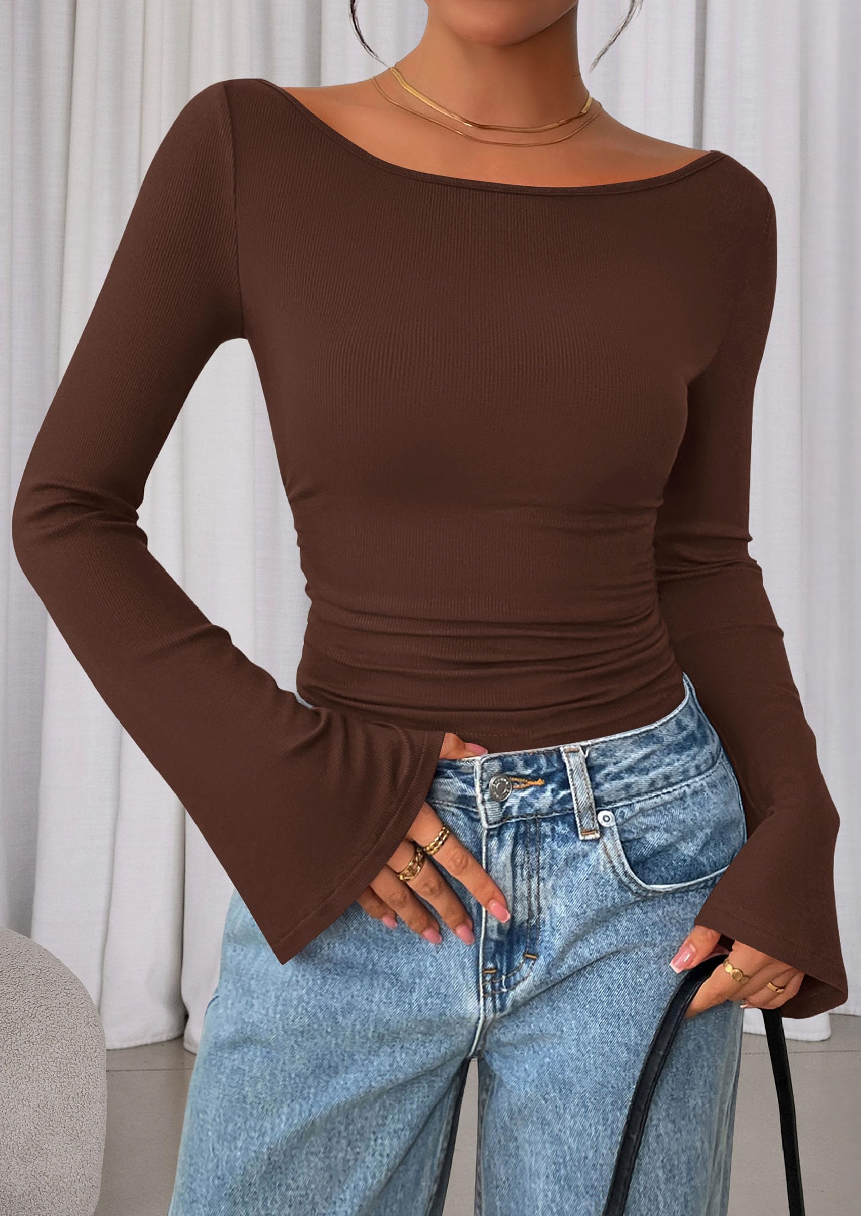 PRETTYGARDEN Women's Long Sleeve Shirts Fall Crop Going Out Tops Casual Boat Neck Bell Sleeve Ribbed Ruched Y2K Clothes