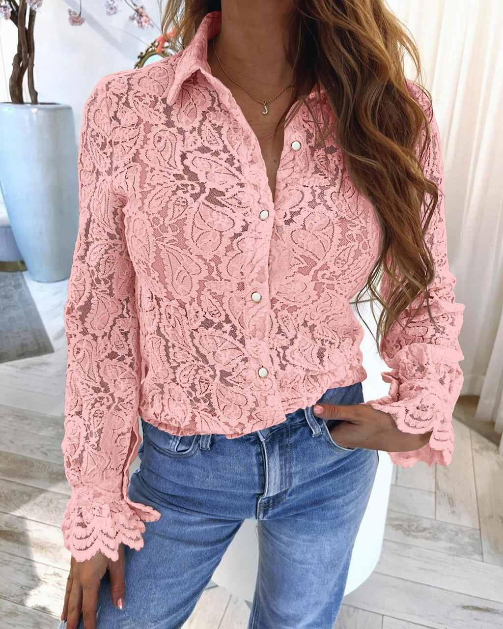 FreshPretty Long Sleeve Lace Blouses for Women Spring Dressy Casual Button Down Shirts Date Night Outfit Club Party Tops