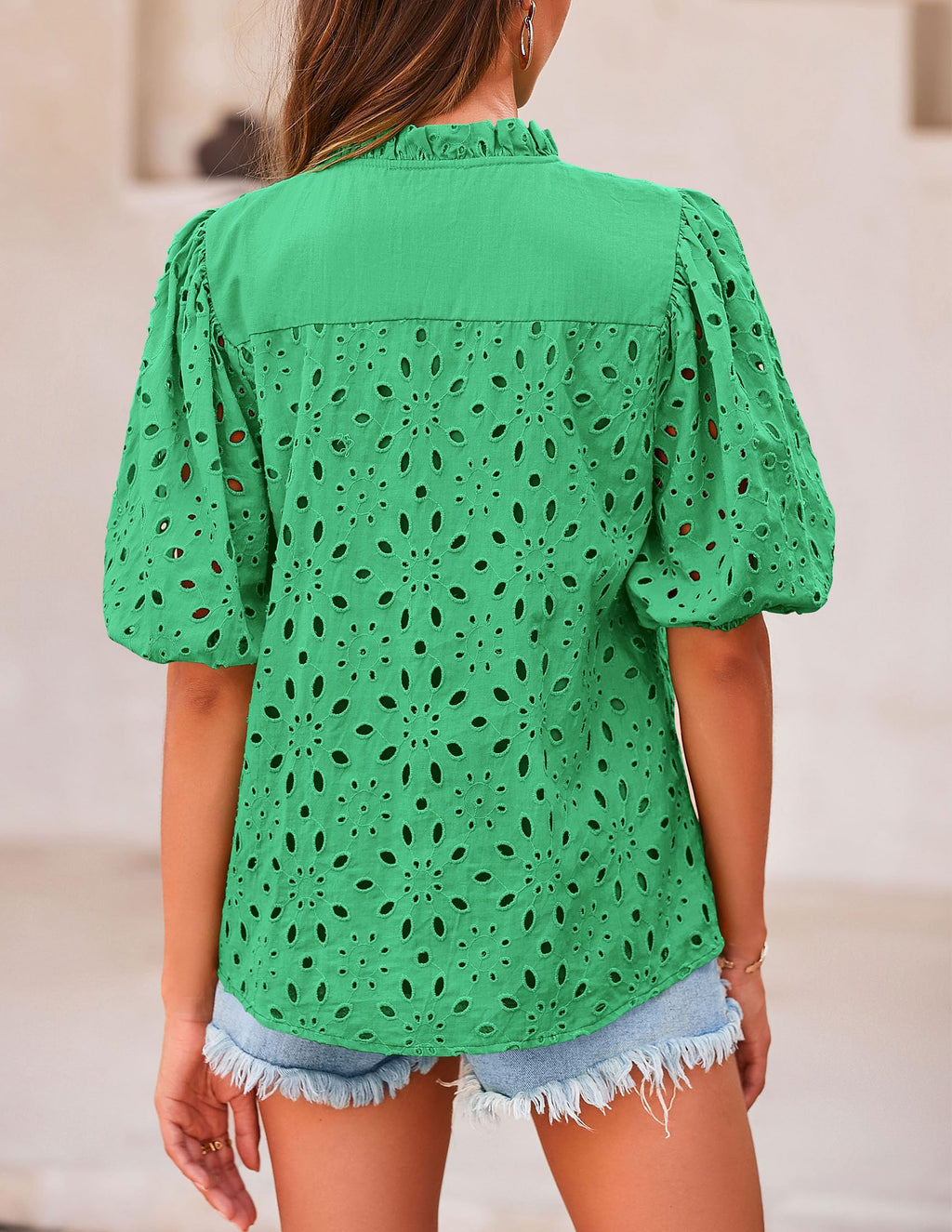 PRETTYGARDEN Women's Summer Tops Dressy Casual Short Sleeve V Neck Buttons Hollow Out Lace Embroidered Blouses Shirts
