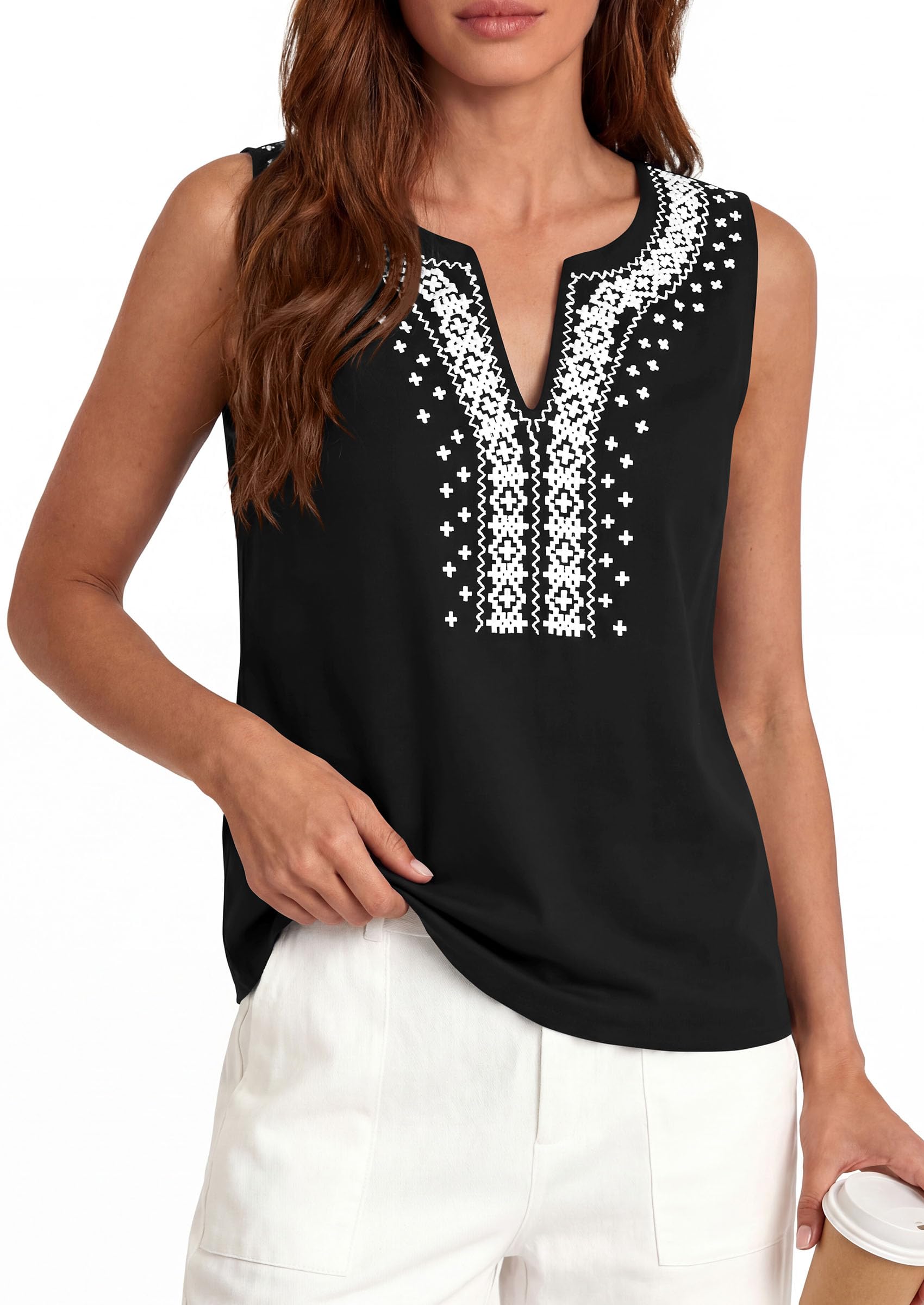 PRETTYGARDEN Womens Tank Tops Summer Causal V Neck Sleeveless Shirts Floral Print Embroidered Beach Vacation Boho Top