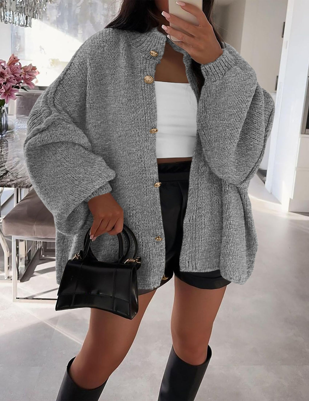 PRETTYGARDEN Women's Winter Button Down Cardigan Sweaters Mock Neck Lantern Long Sleeve Chunky Knit Jacket Trendy Outerwear