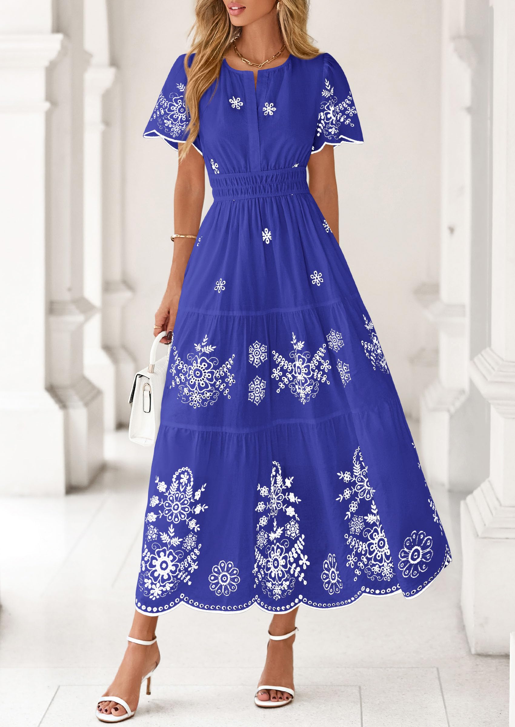 PRETTYGARDEN Boho Dresses for Women Summer Spring Casual Floral Short Sleeve V Neck Maxi Elastic Waist Dress Pockets