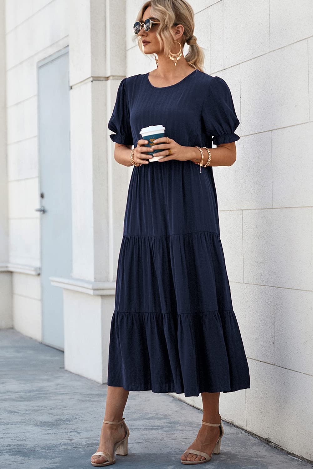 PRETTYGARDEN Summer Dresses for Women Casual Floral Boho Midi Sun Dress Puff Short Sleeve Flowy Beach Vacation Sundress