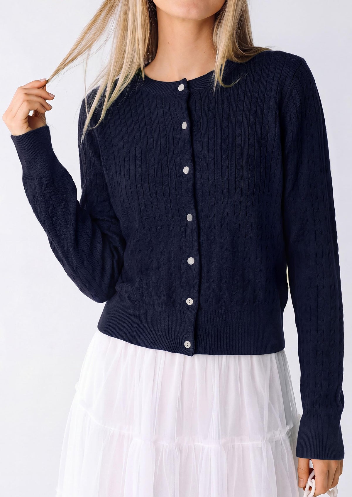 PRETTYGARDEN Women Lightweight Button Up Cardigan Sweaters | Soft Stretchy, Cozy Cable Knit, Long Sleeve Crew Neck, Trendy Cardigans, Cute Casual Outfits, Early Fall Fashion Clothing