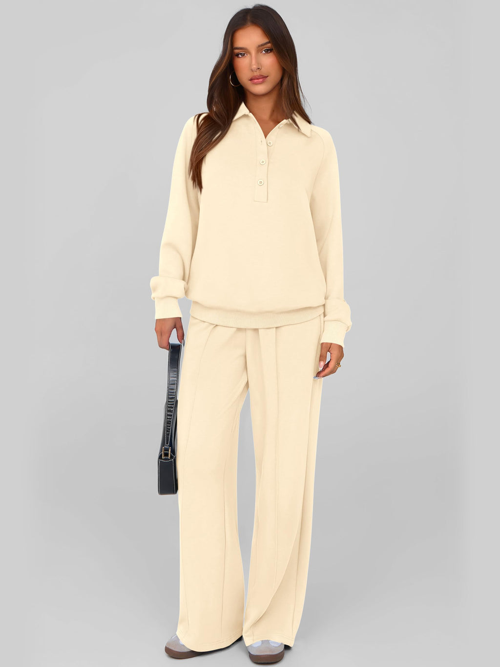 PRETTYGARDEN Women Fall 2 Piece Outfits Sweatsuits Lounge Sets Quarter Button Long Sleeve Sweatshirt, Wide Leg Sweat Pants, Casual 2 Piece Sets Tracksuit, Airport Travel Outfits for Women