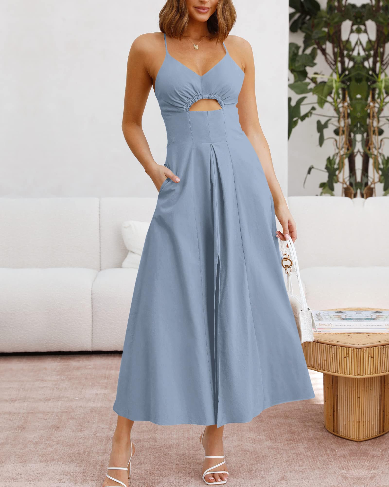 BTFBM Women Spaghetti Strap Midi Summer Dresses Sleeveless V Neck Cutout Slit Casual Beach Party Maxi Dress Pockets