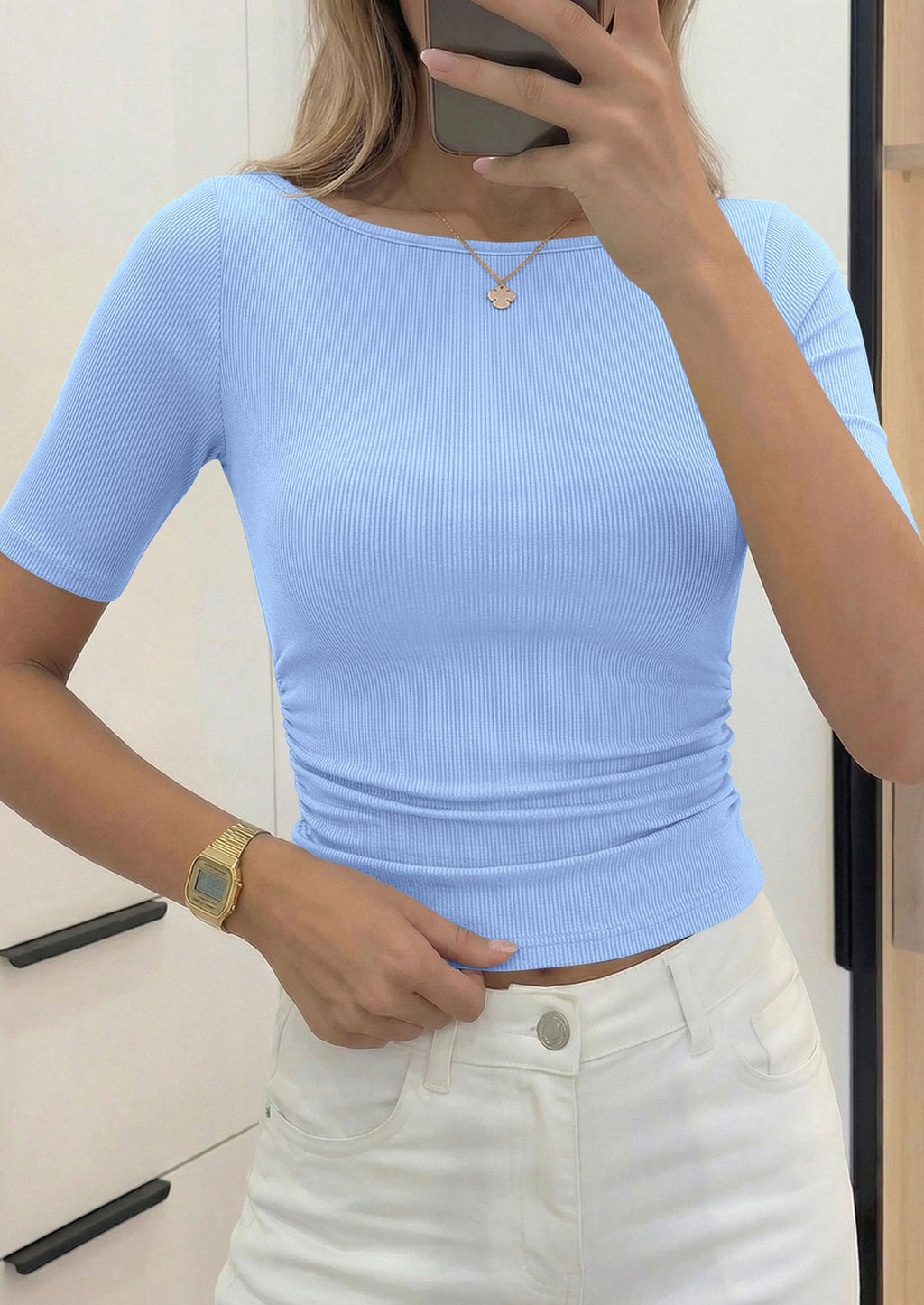 PRETTYGARDEN Womens Summer Short Sleeve Tops Boat Neck Ribbed Knit Slim Fit T Shirt Casual Basic Top Spring Clothes