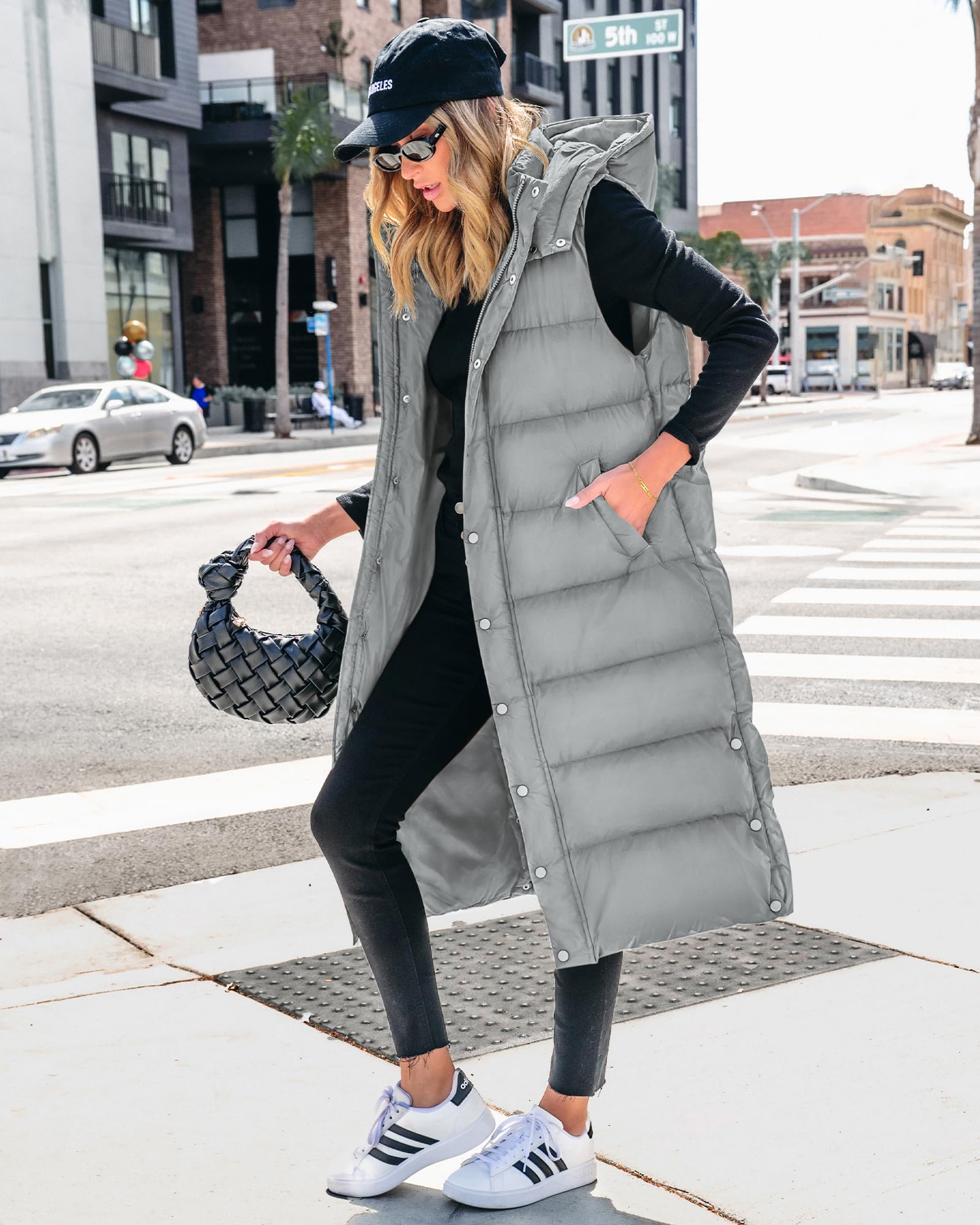 FreshPretty Long Puffer Vest Women Quilted Hooded Button Down Zip Up Sleeveless Vests Outerwear Padded Jacket Fall Winter Coat