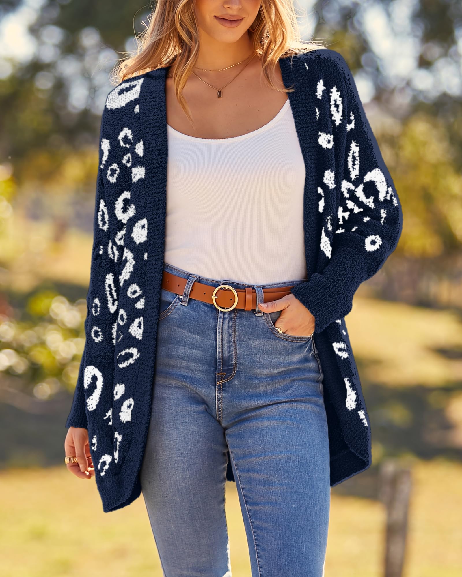 FreshPretty Leopard Cardigan for Women Long Sleeve Open Front Cardigans Sweaters Pockets Loose Knit Fall Winter Outwear