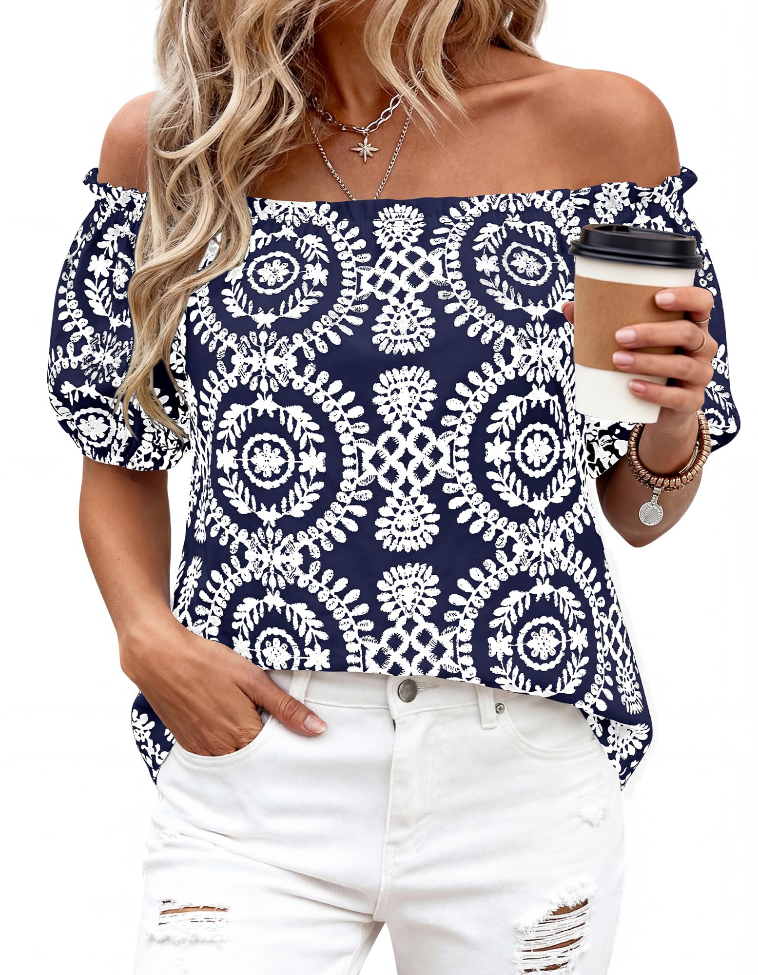 BTFBM Off The Shoulder Spring Tops for Women Summer Blouses Boho Floral Short Sleeve Shirts Dressy Casual Outfits