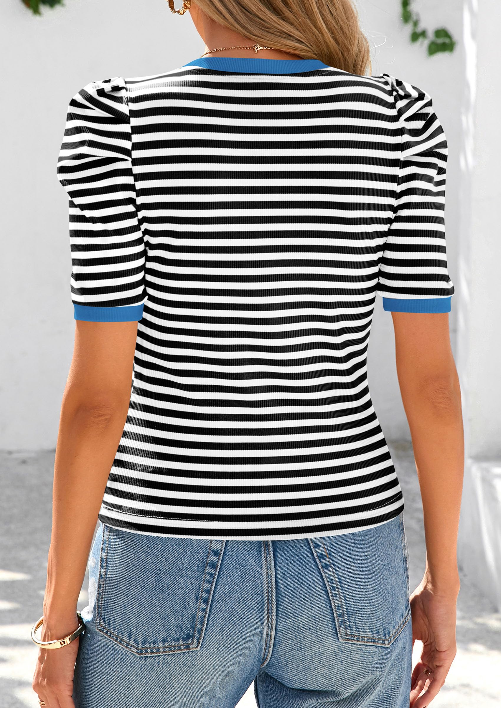 PRETTYGARDEN Women's Summer Puff Sleeve Tops Casual Ribbed Knit Crop Top Color Block Trendy Crewneck Striped Shirts