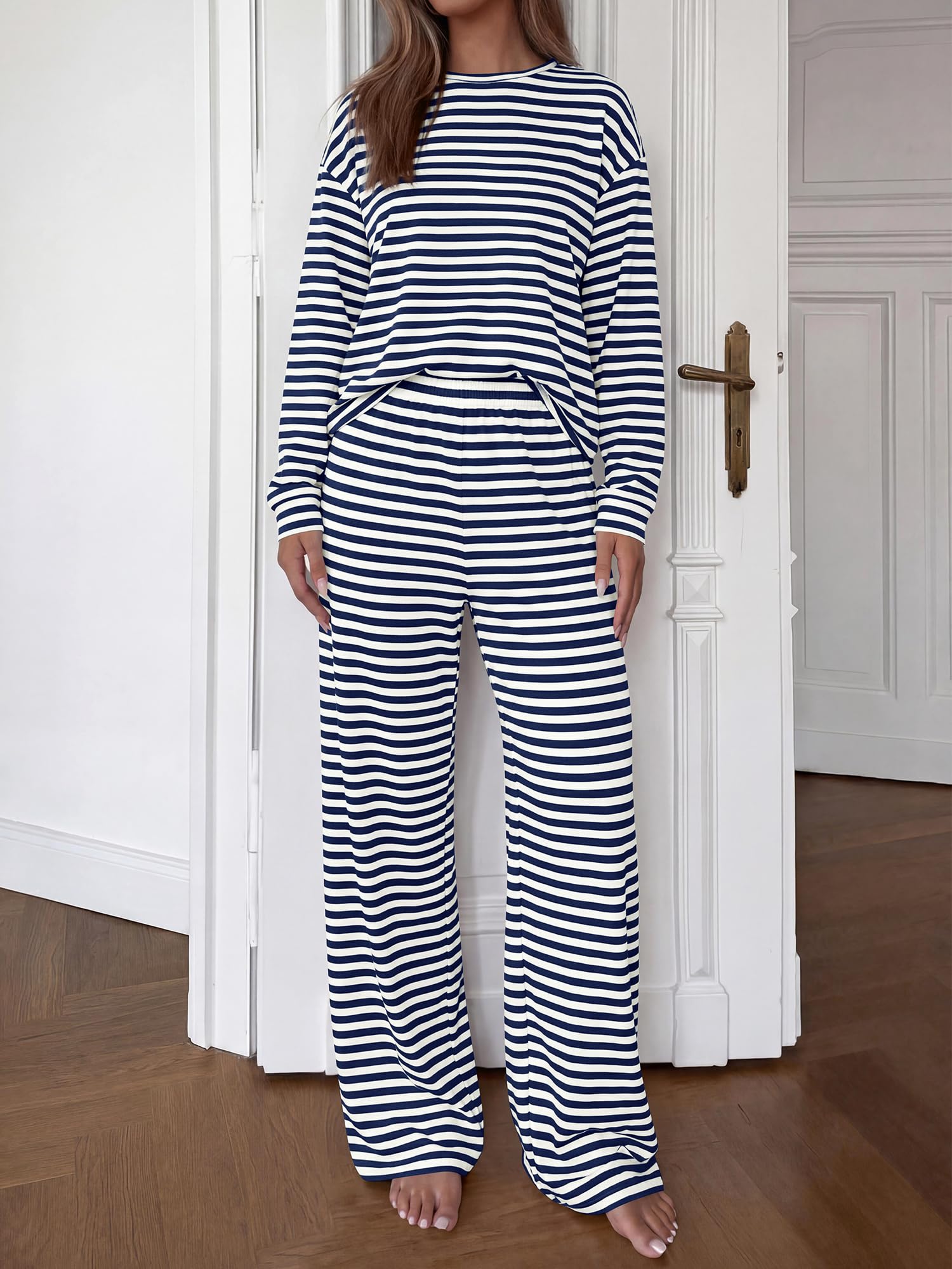 BTFBM Striped Lounge Set Sweatsuits Women 2 Piece Outfit | Womens Pajama Sets, Crew Neck Sweatshirt and Wide Leg Pants, Pockets, Airport, Travel, Vacation Outfits, Fall Winter Clothes