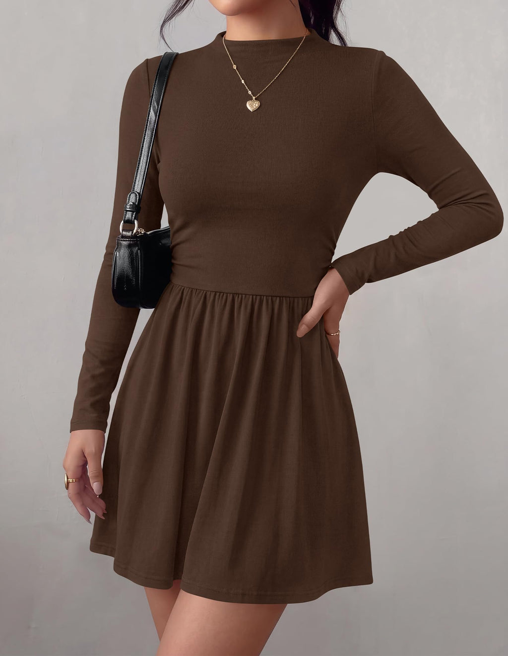 BTFBM Long Sleeve Dresses for Women Mock Neck A Line Flowy Mini Dress Swing Pleated Hem,Cocktail Party Club Holiday Going Out Outfits,Dressy Casual Winter,Trendy Early Fall Fashion Clothing