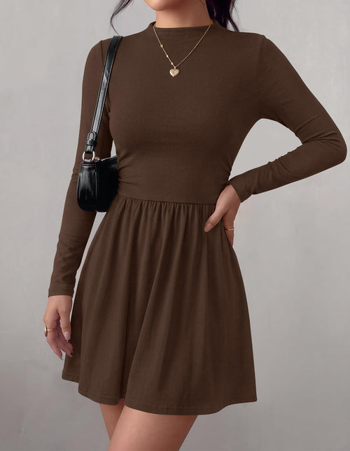 BTFBM Long Sleeve Dresses for Women Mock Neck A Line Flowy Mini Dress Swing Pleated Hem,Cocktail Party Club Holiday Going Out Outfits,Dressy Casual Winter,Trendy Early Fall Fashion Clothing
