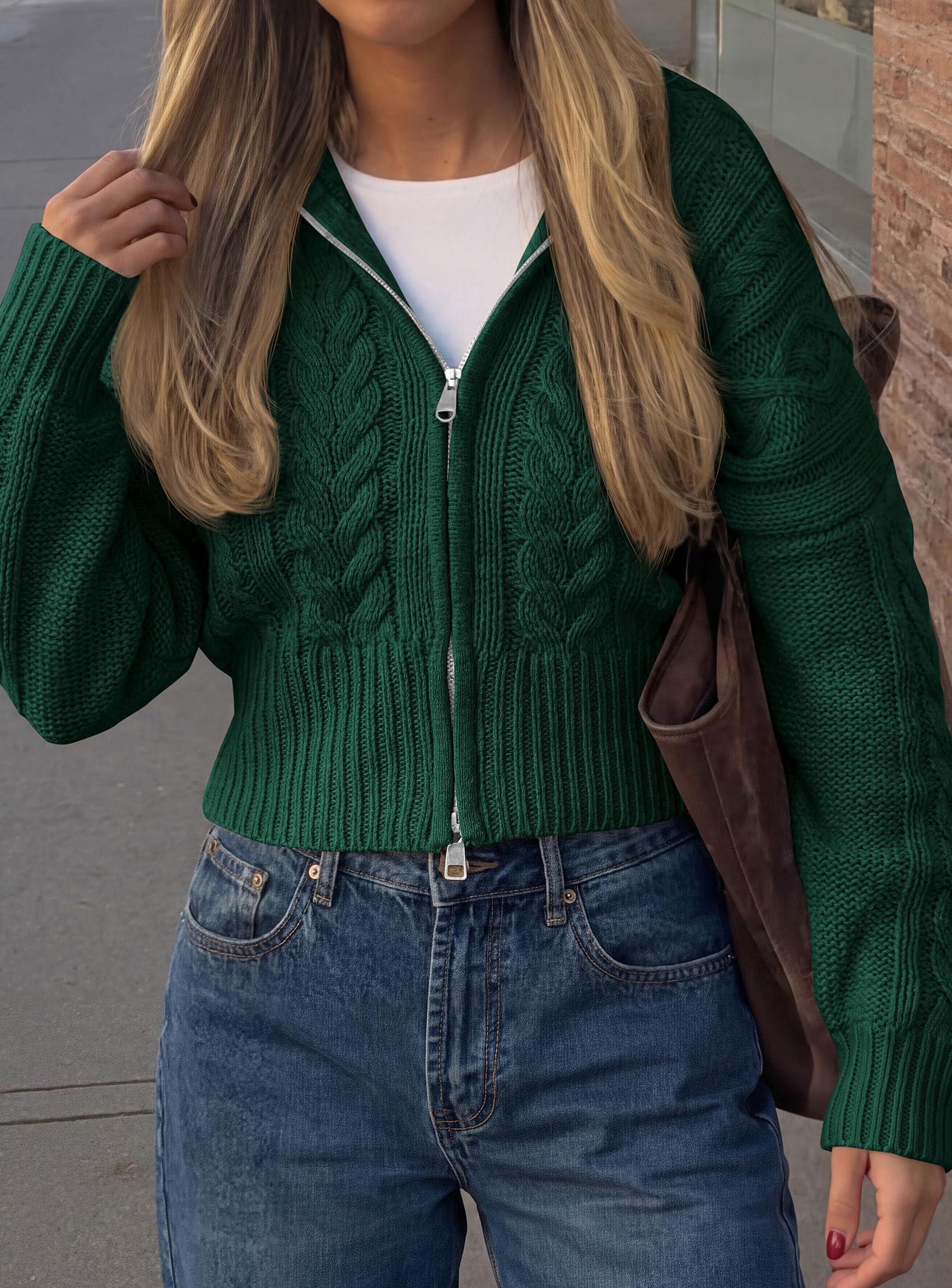 PRETTYGARDEN Women's Cable Knit Cropped Cardigan Sweaters Oversized Sweater, Long Sleeve Zip Up Jacket, Collared Neck, Ribbed Hem, Cozy Soft Casual Wear, Fall Clothes Winter Outerwear