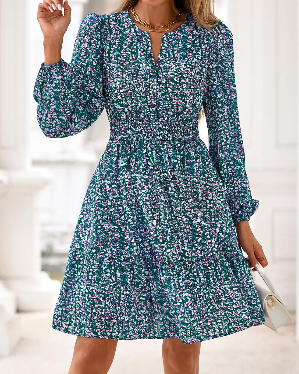 BTFBM Spring Dresses for Women Mini Long Sleeve Elastic Waist Summer Vacation Outfits Floral Wedding Guest Dress