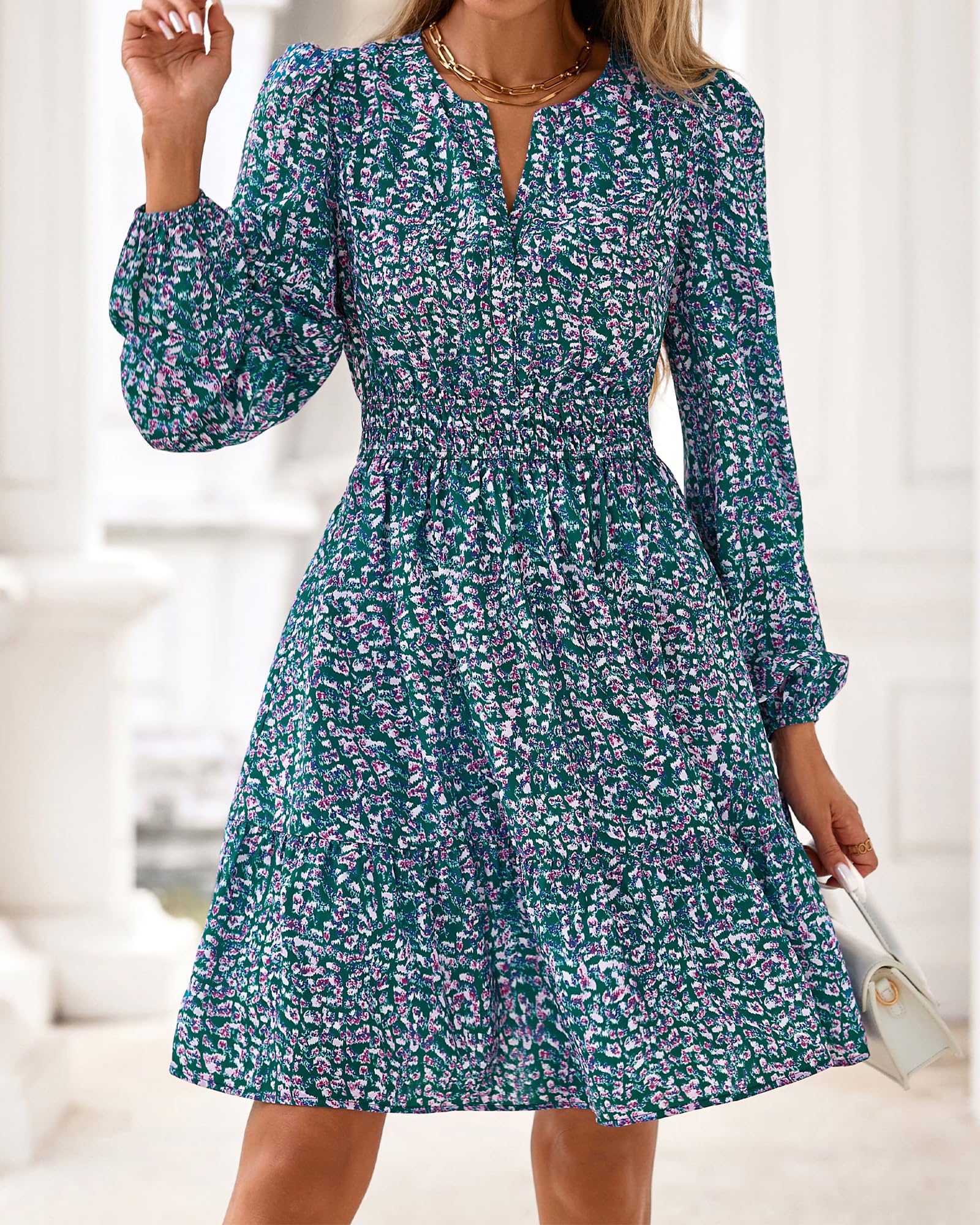 BTFBM Spring Dresses for Women Mini Long Sleeve Elastic Waist Summer Vacation Outfits Floral Wedding Guest Dress