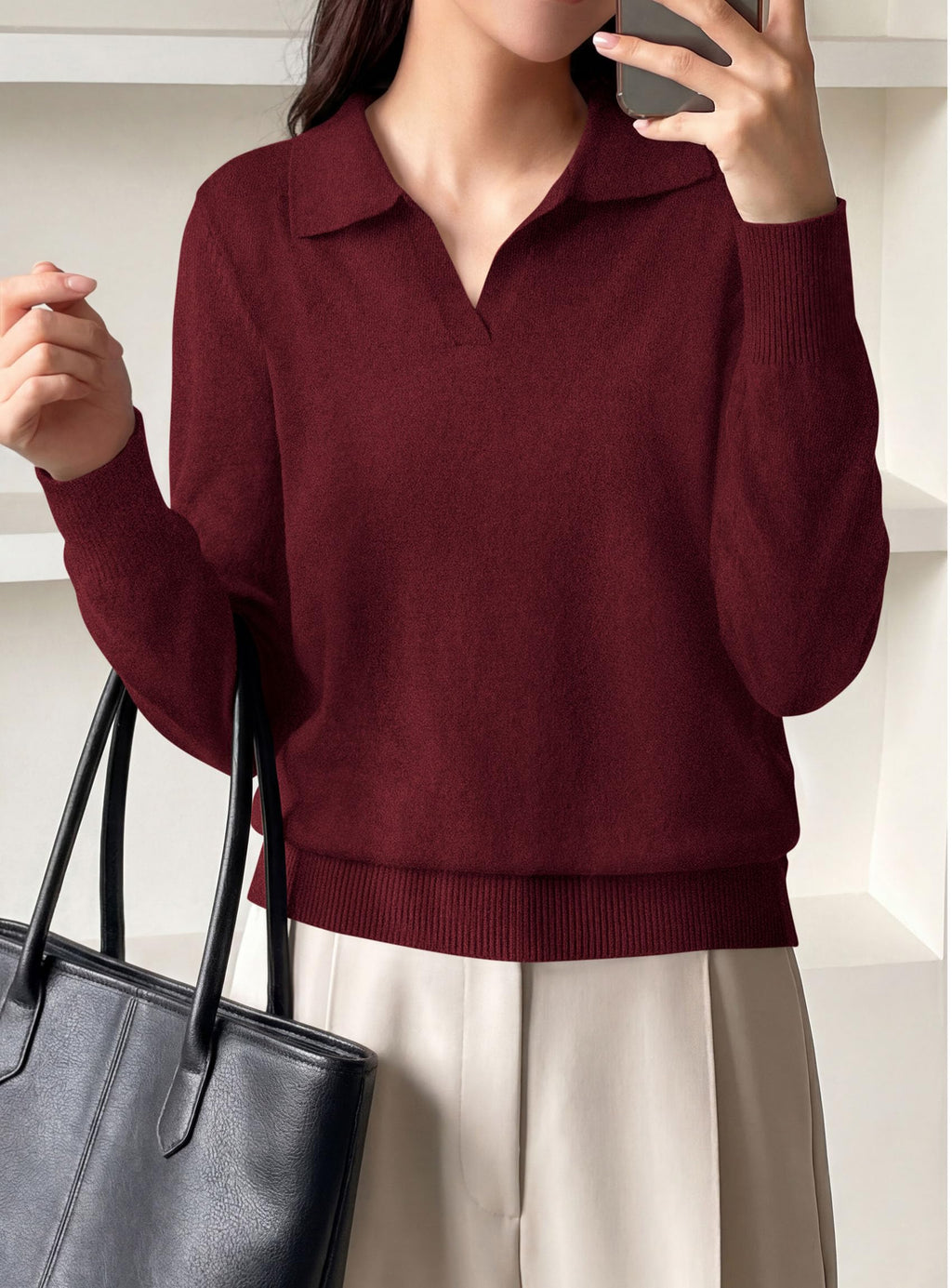PRETTYGARDEN Womens Long Sleeve Collared Polo Sweater | Breathable Soft Ribbed Knit, Lapel V Neck Pullover Sweaters, Business Casual Work Office Tops, 2026 Trendy Fall Outfits
