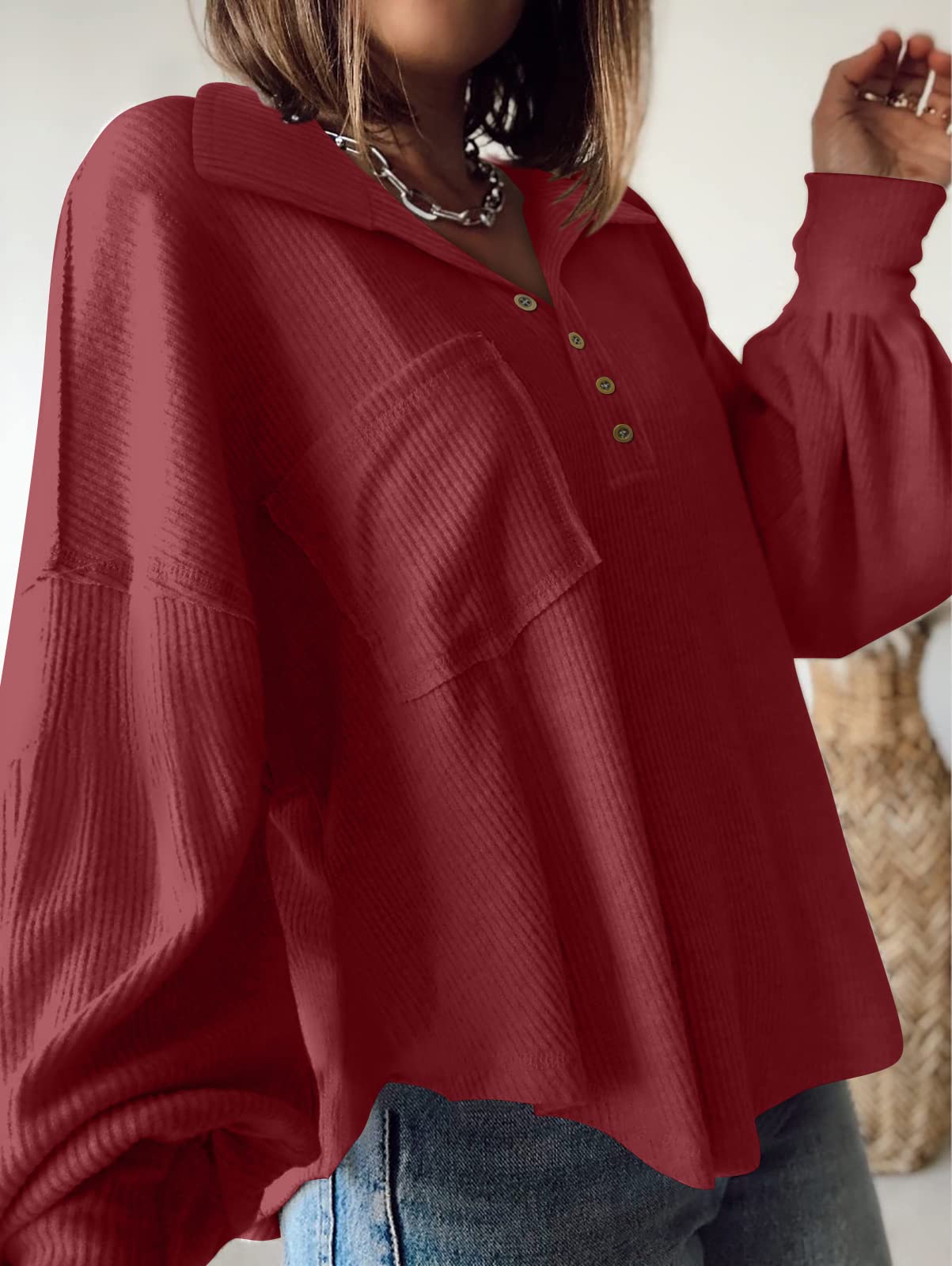 BTFBM Womens Fall Fashion Long Sleeve Shirts Casual V Neck Ribbed Knit Blouses Pullover Trendy Loose Fit Tunic Tops