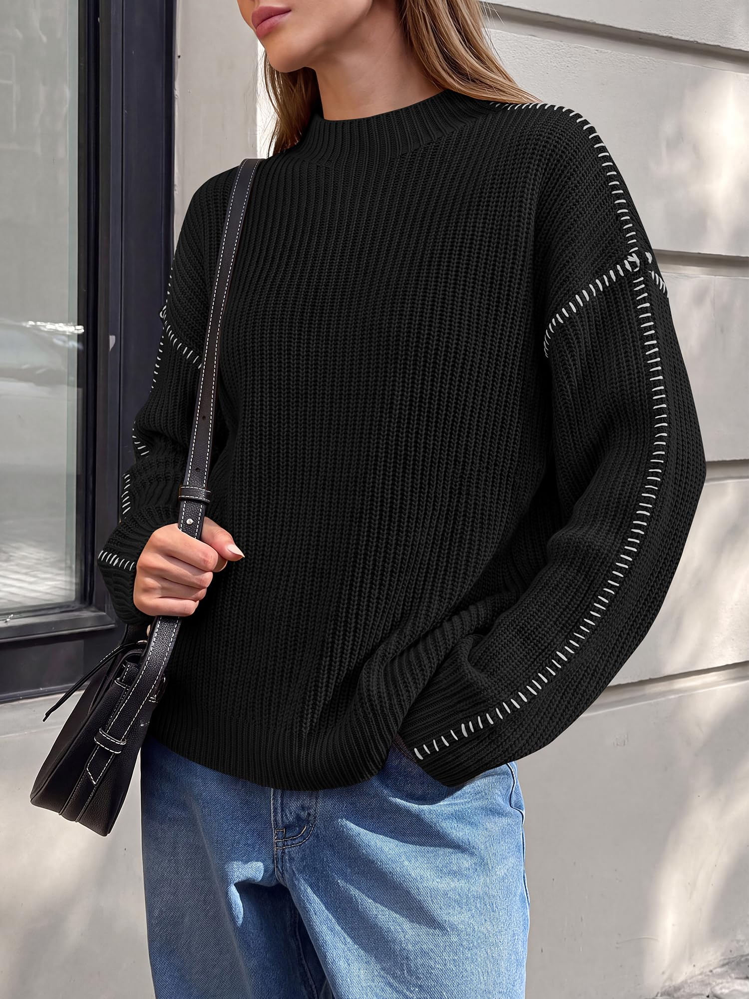 "BTFBM Womens Oversized Sweaters Contrast Chunky Knit Sweater Loose Fit Mock Neck Long Sleeve Tops, Soft Cozy Knitwear, Fall Fashion 2026, Casual Winter Clothing, Daily Going Out Outfits"