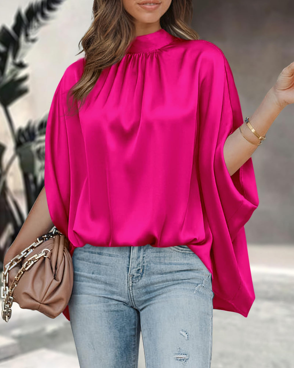 BTFBM Womens Summer Tops Mock Neck Batwing Sleeve Silk Satin Shirts Loose Oversized Dressy Casual Spring Blouses