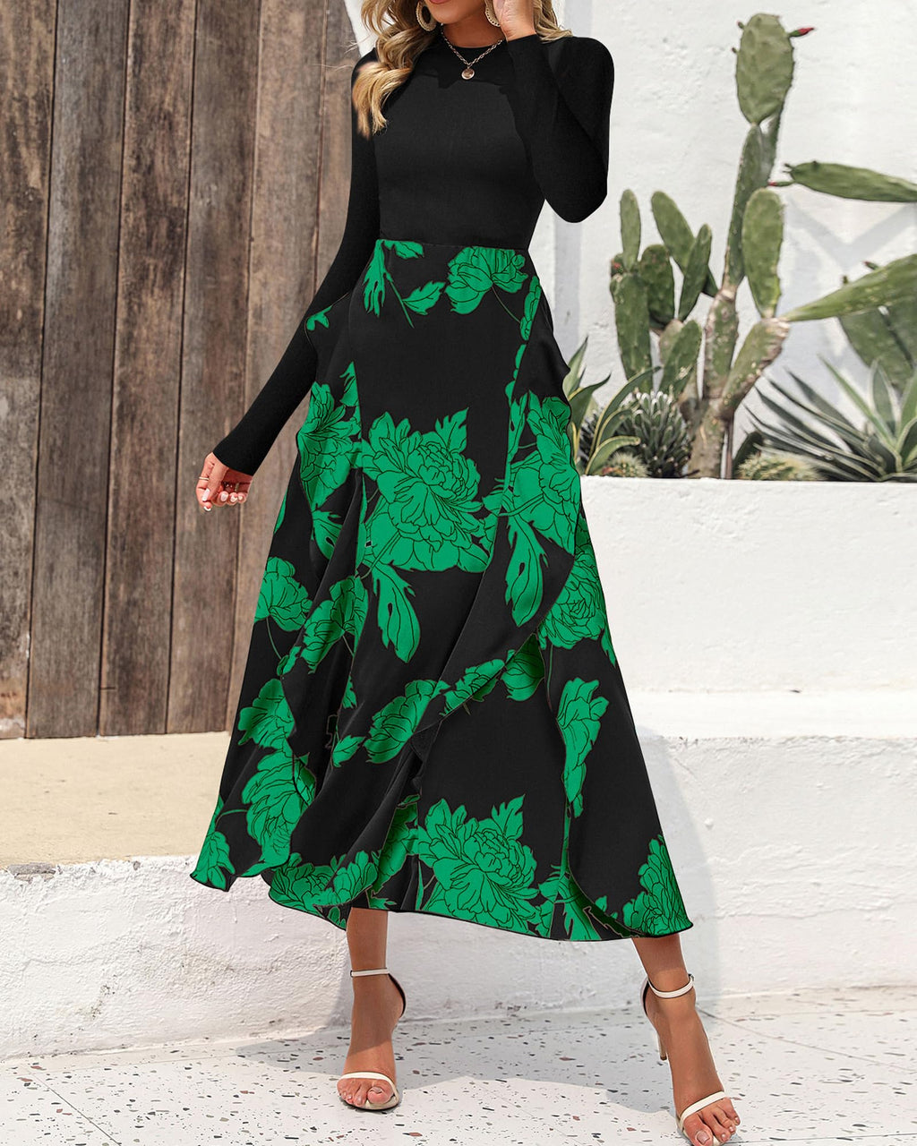 FreshPretty Womens Floral Maxi Dress Fall Casual Crewneck Long Sleeve Ruffle Flowy Cocktail Wedding Guest Dresses