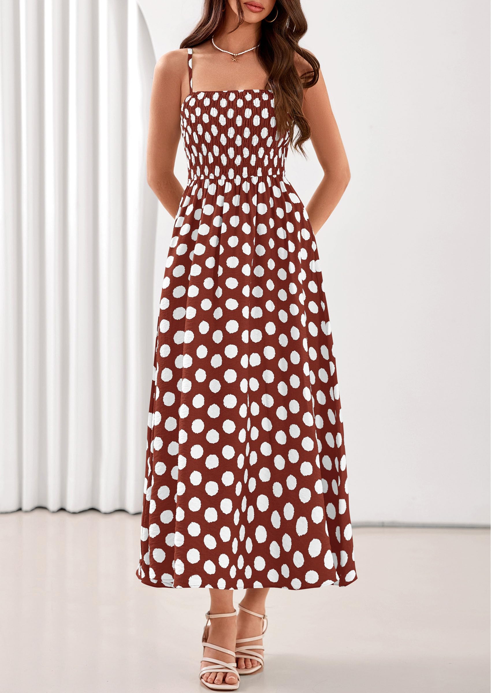 PRETTYGARDEN Womens Polka Dot Dress Summer Sleeveless Spaghetti Straps Smocked Sun Dress Flowy Spring Beach Midi Dresses