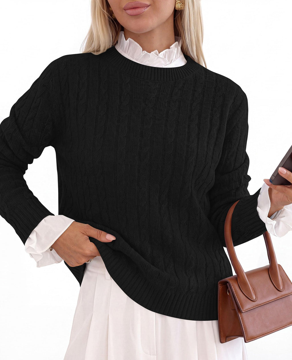 PRETTYGARDEN Women's Cable Knit Sweaters Long Sleeve Pullover Fall Outfits Soft Cozy Knit Tops, Ribbed Crewneck Regular Fit, Basic Daily, Work Business Casual, Teacher Outfits, Winter Layer Clothing