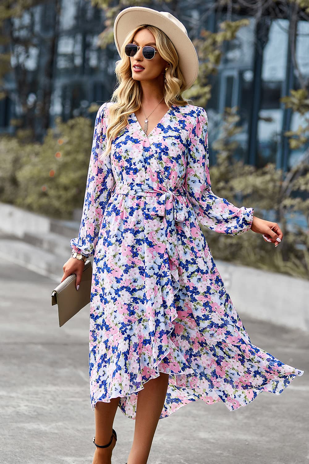 PRETTYGARDEN Women's Floral Print Boho Dress Long Sleeve Wrap V Neck Ruffle Belted A-Line Flowy Maxi Dresses